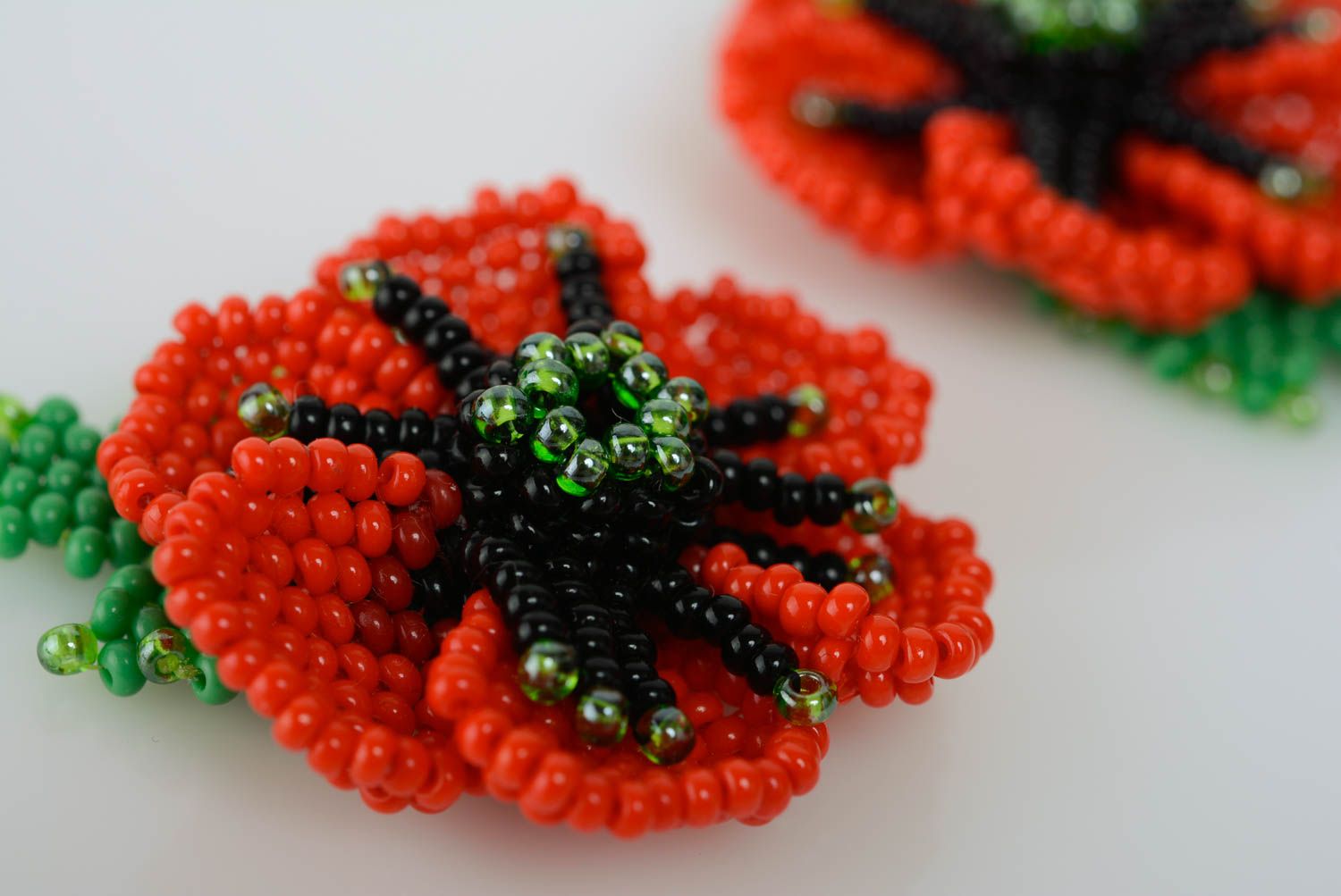 Handmade festive designer beaded dangling earrings with red poppy flowers photo 4