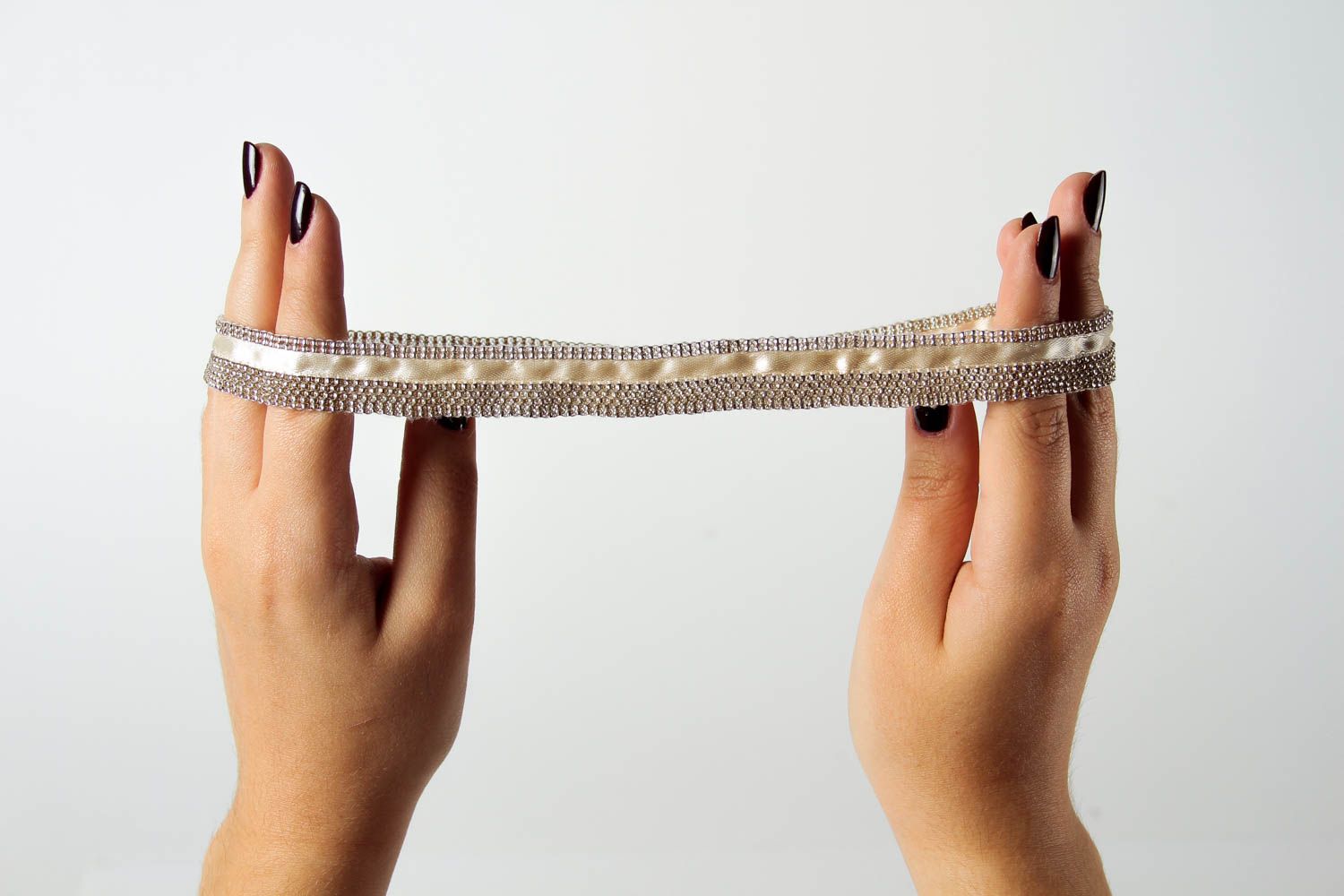 Textile three layers ribbon beige bracelet for women photo 3