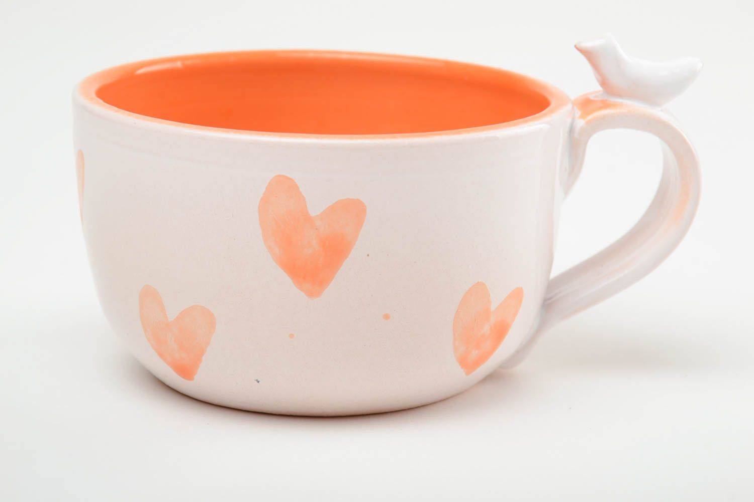 Glasierte Tasse aus Ton mit Vogel und Herzen weiß orange 250 ml handgemacht  foto 3