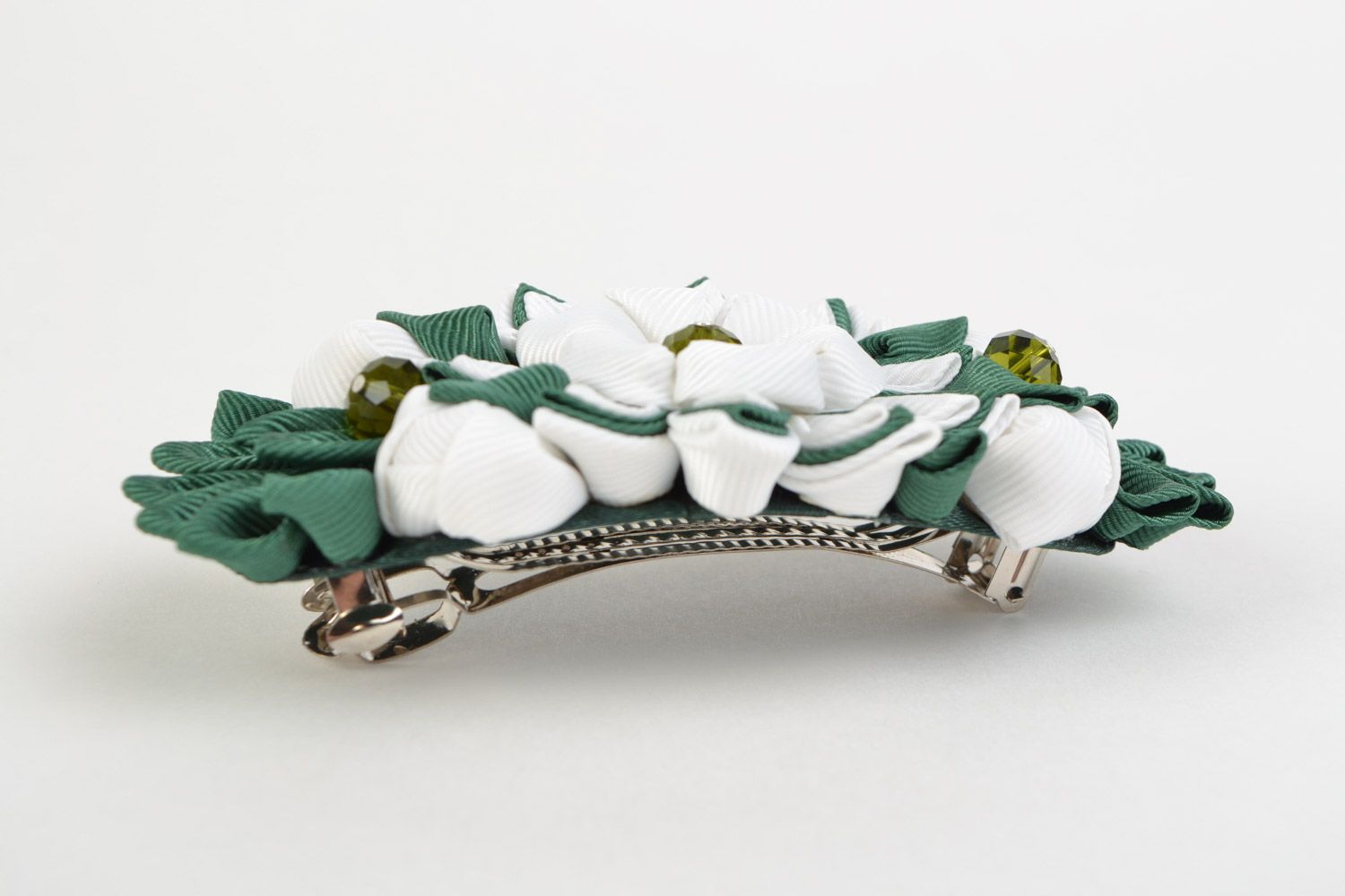 White and green handmade rep ribbon kanzashi flower hair slide photo 5