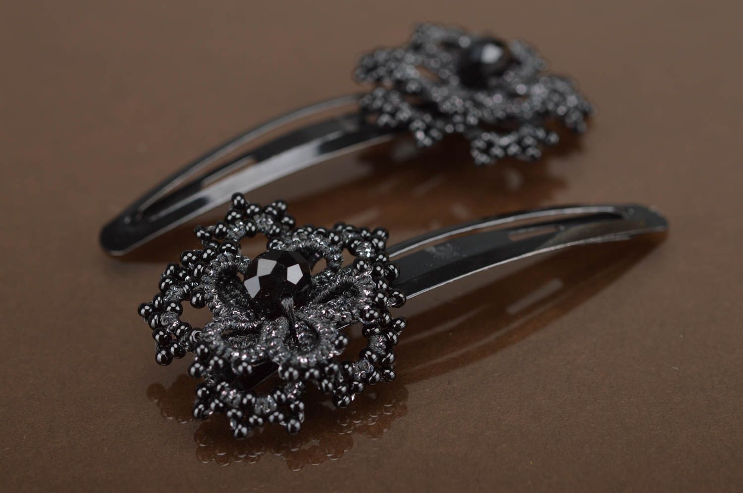 Handmade black hair clips made of satin threads using tatting technique 2 pieces photo 2