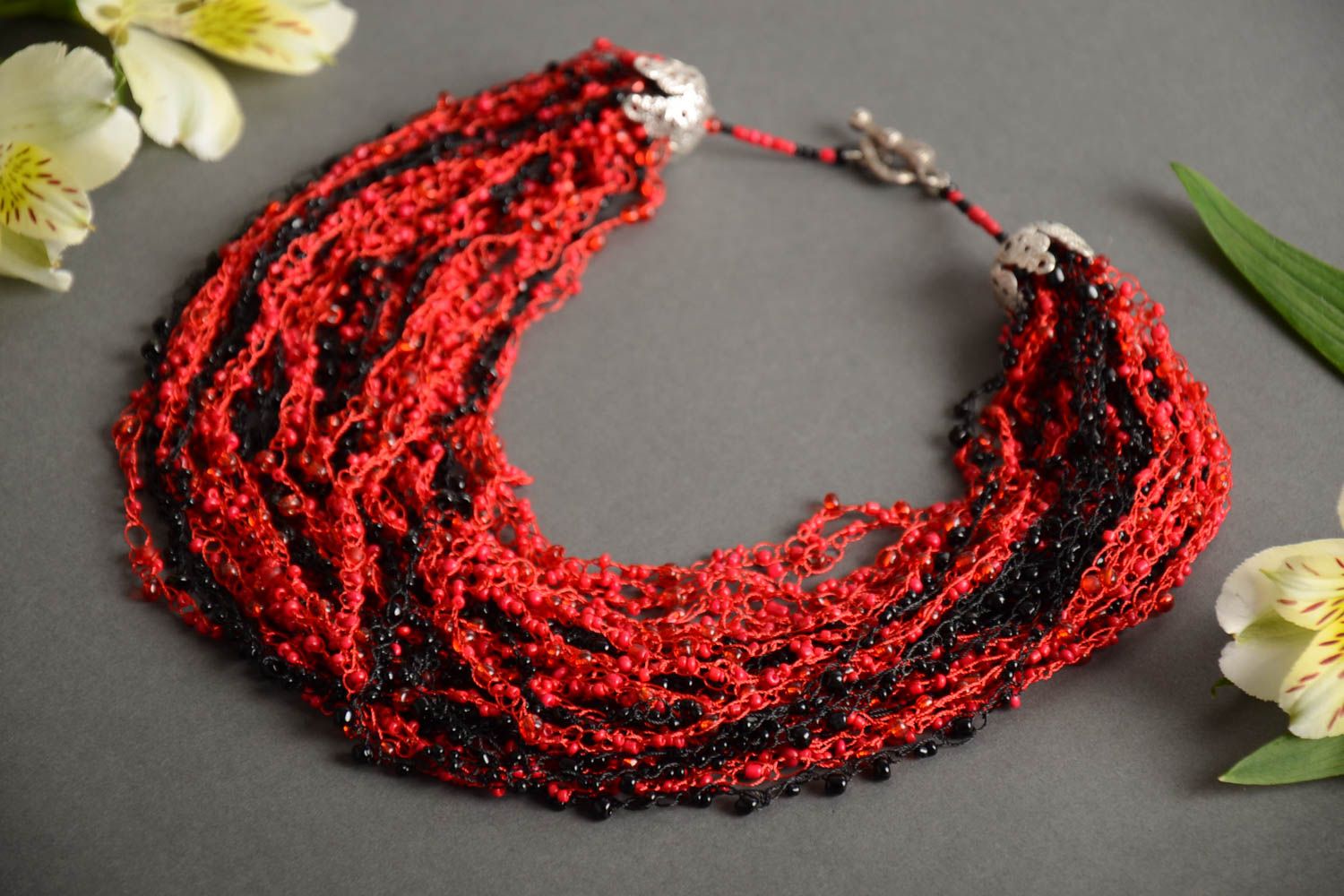 Handmade designer airy multi row necklace crocheted of red and black Czech beads photo 1