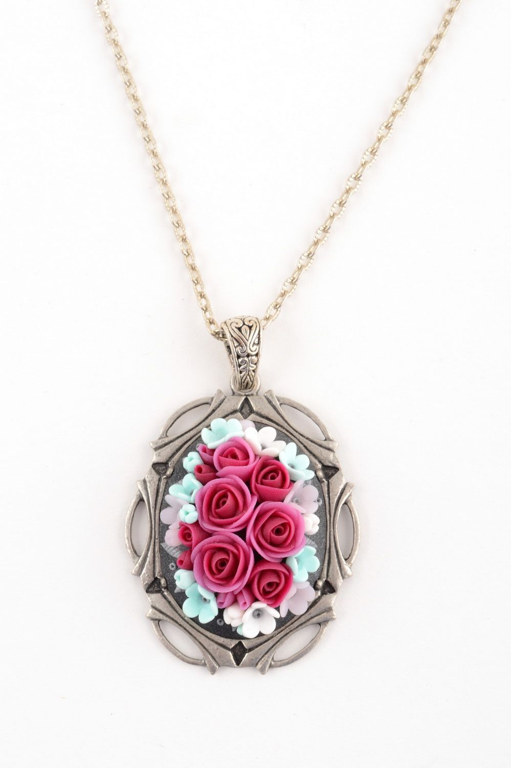 Handmade stylish pendant on chain made of polymer clay with crimson roses photo 2