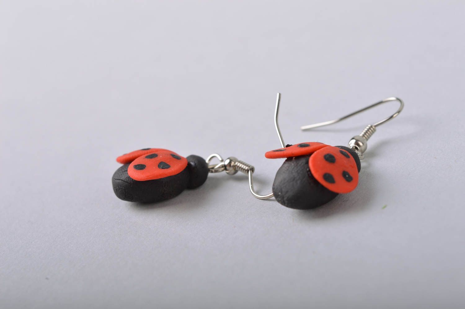 Handmade designer cute dangle earrings with cold porcelain ladybugs  photo 4