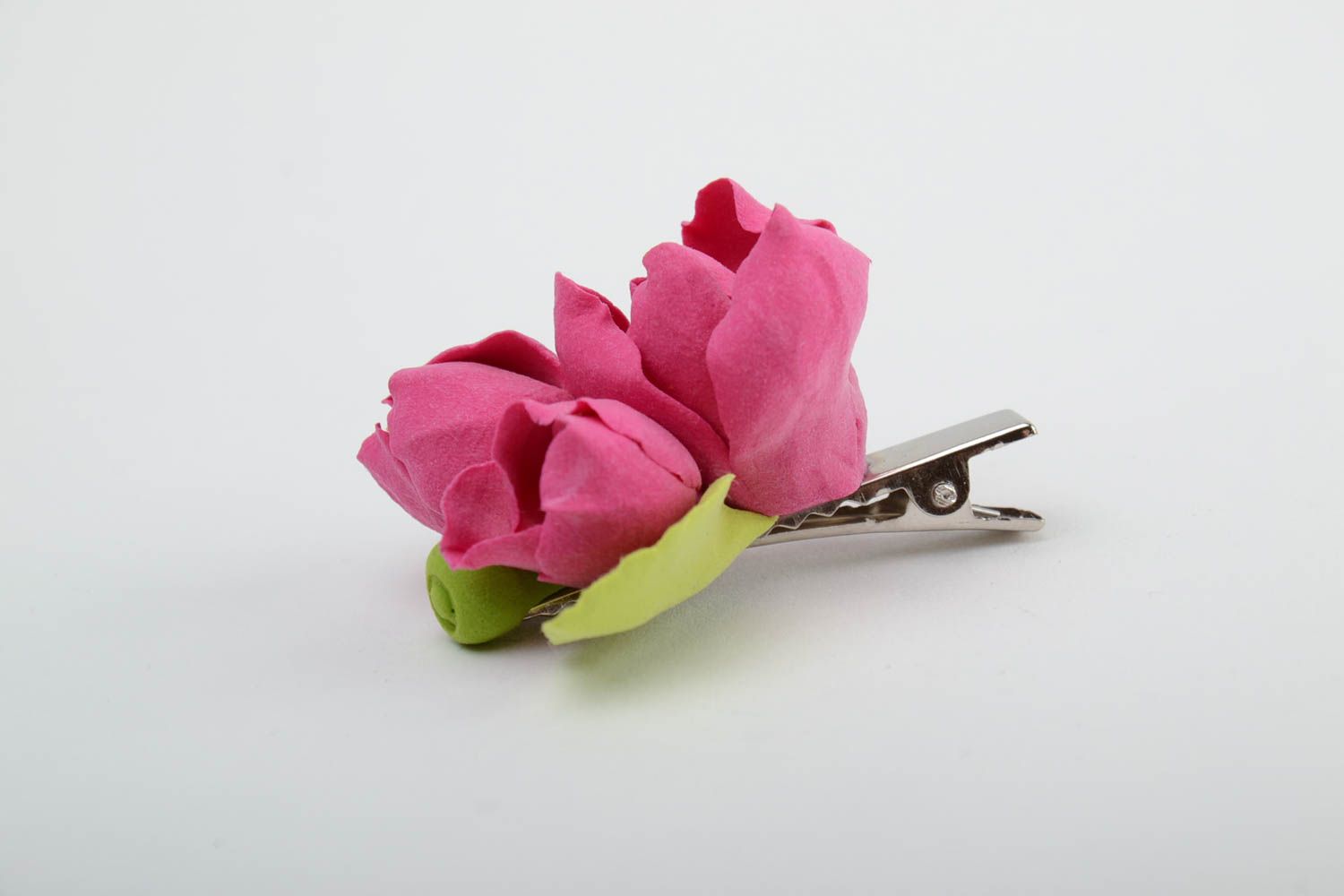 Handmade decorative hair clip with self hardening polymer clay pink flowers  photo 4