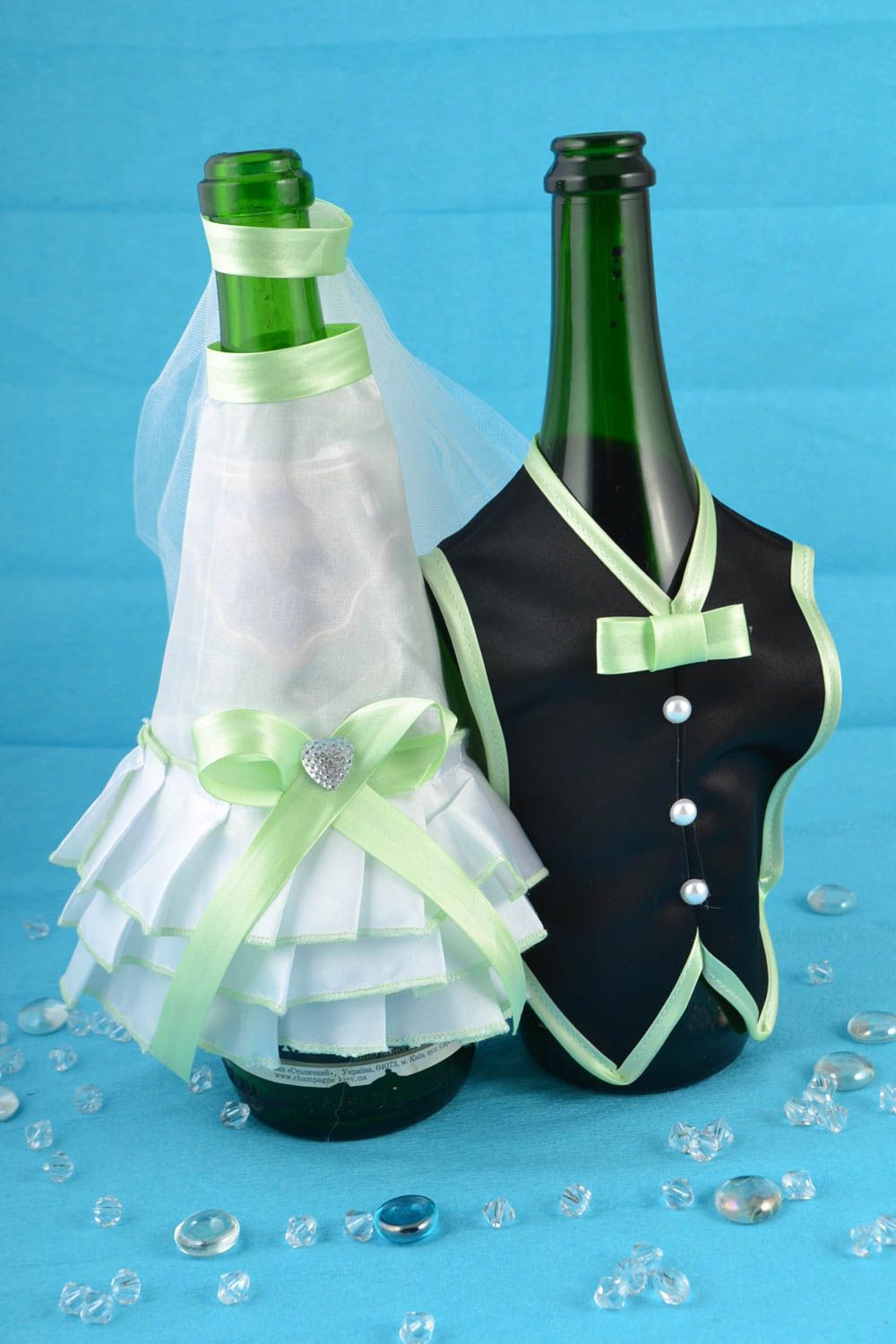 Set of 2 handmade unusual beautiful wedding bottle covers groom and bride photo 1