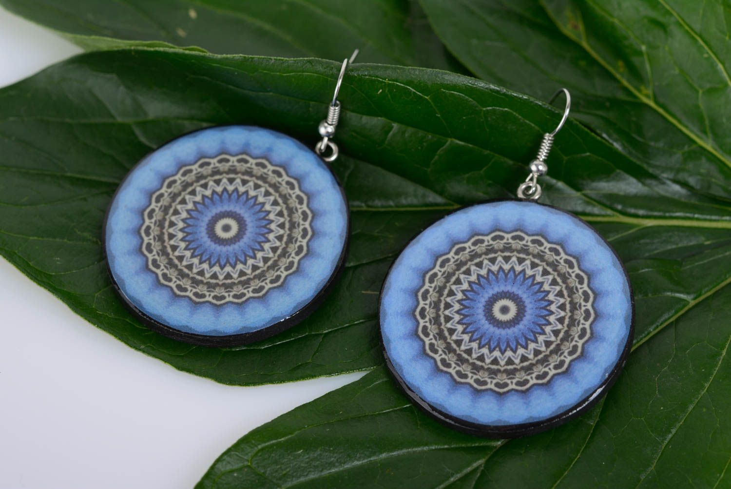 Round earrings in ethnic style made of polymer clay with blue ornament  photo 3