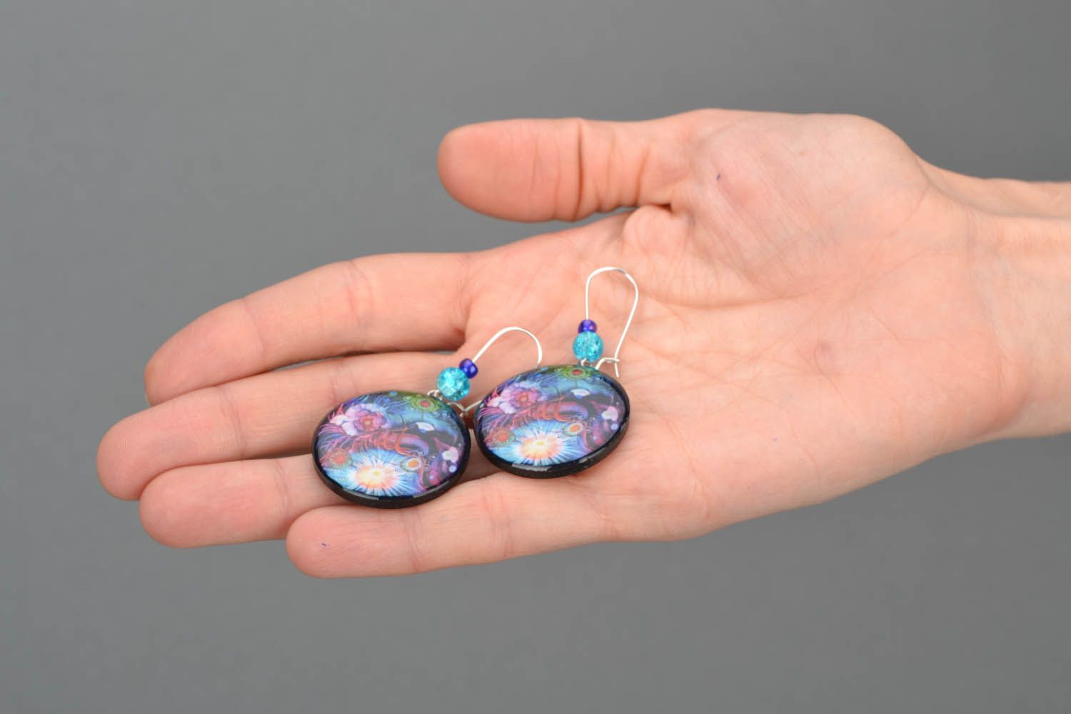 Round polymer clay earrings Space photo 2