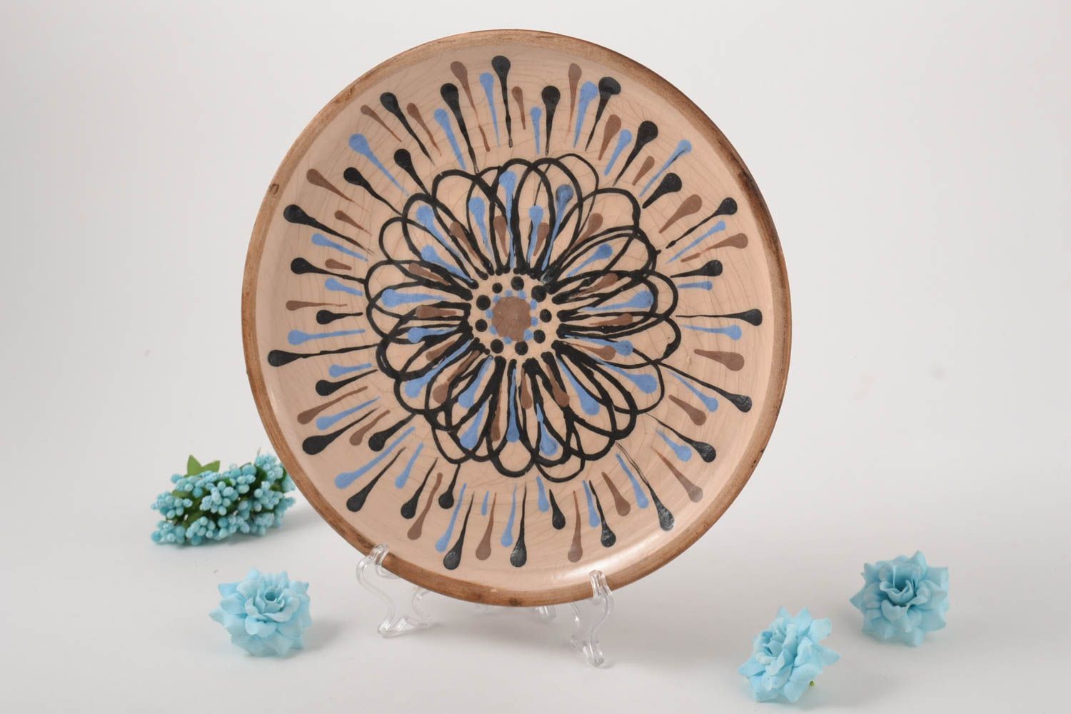Handmade Keramik Teller bemalt Küchen Deko Ton Geschirr mit Musterung Blume foto 1