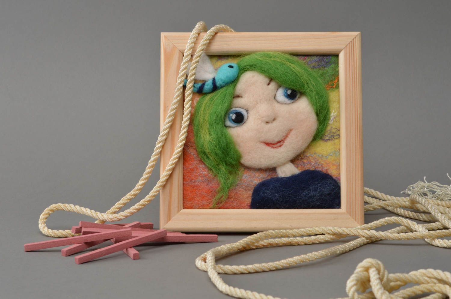 Square cute handmade woolen picture in wooden frame Girl with butterfly photo 1