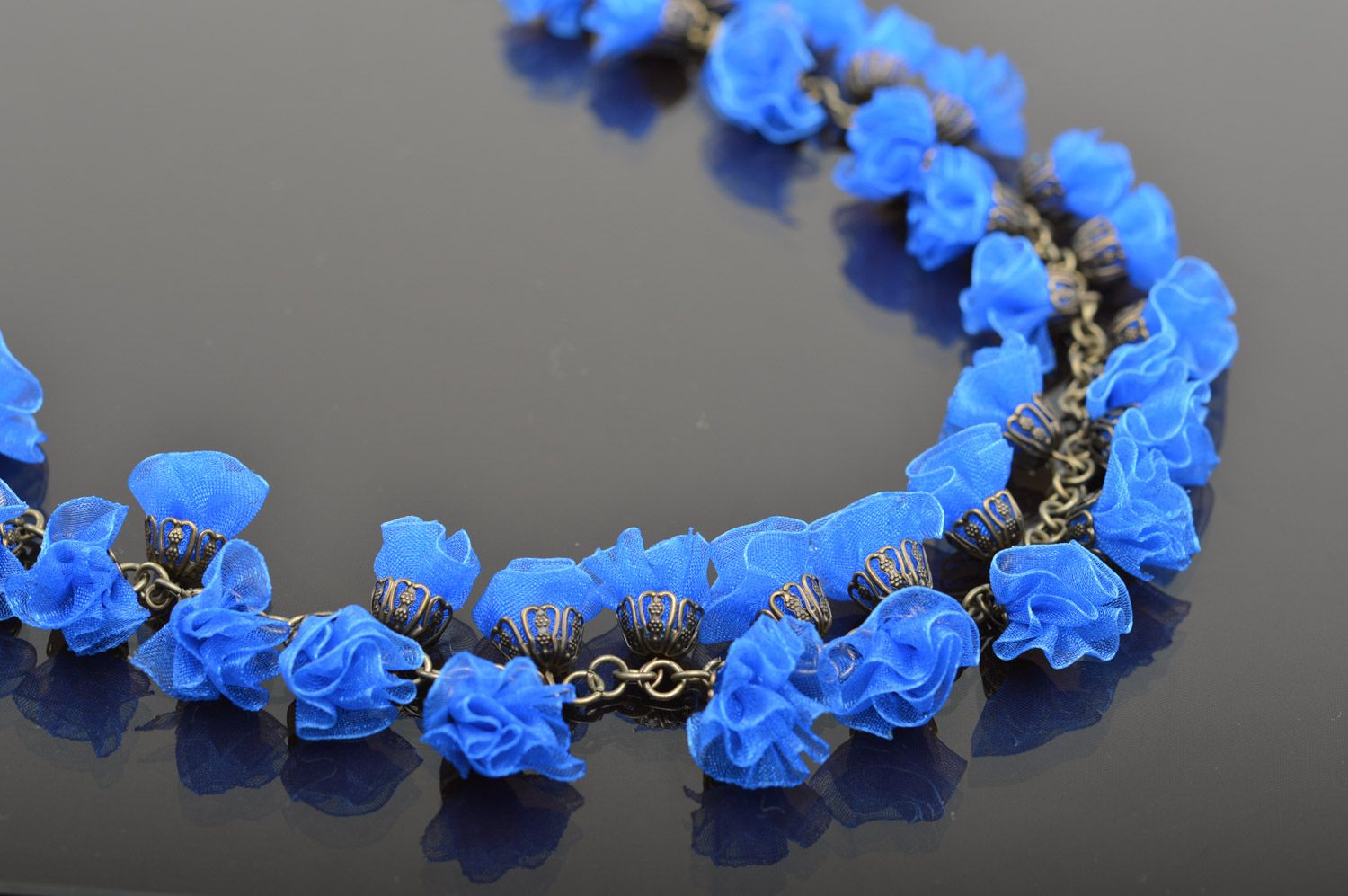 Bright handmade women's ribbon flower necklace of blue color Cornflowers photo 1