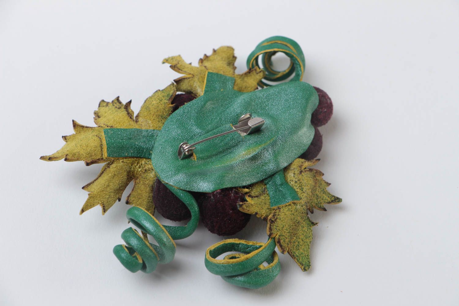 Unusual volume handmade leather brooch for women Bunch of Grapes photo 4