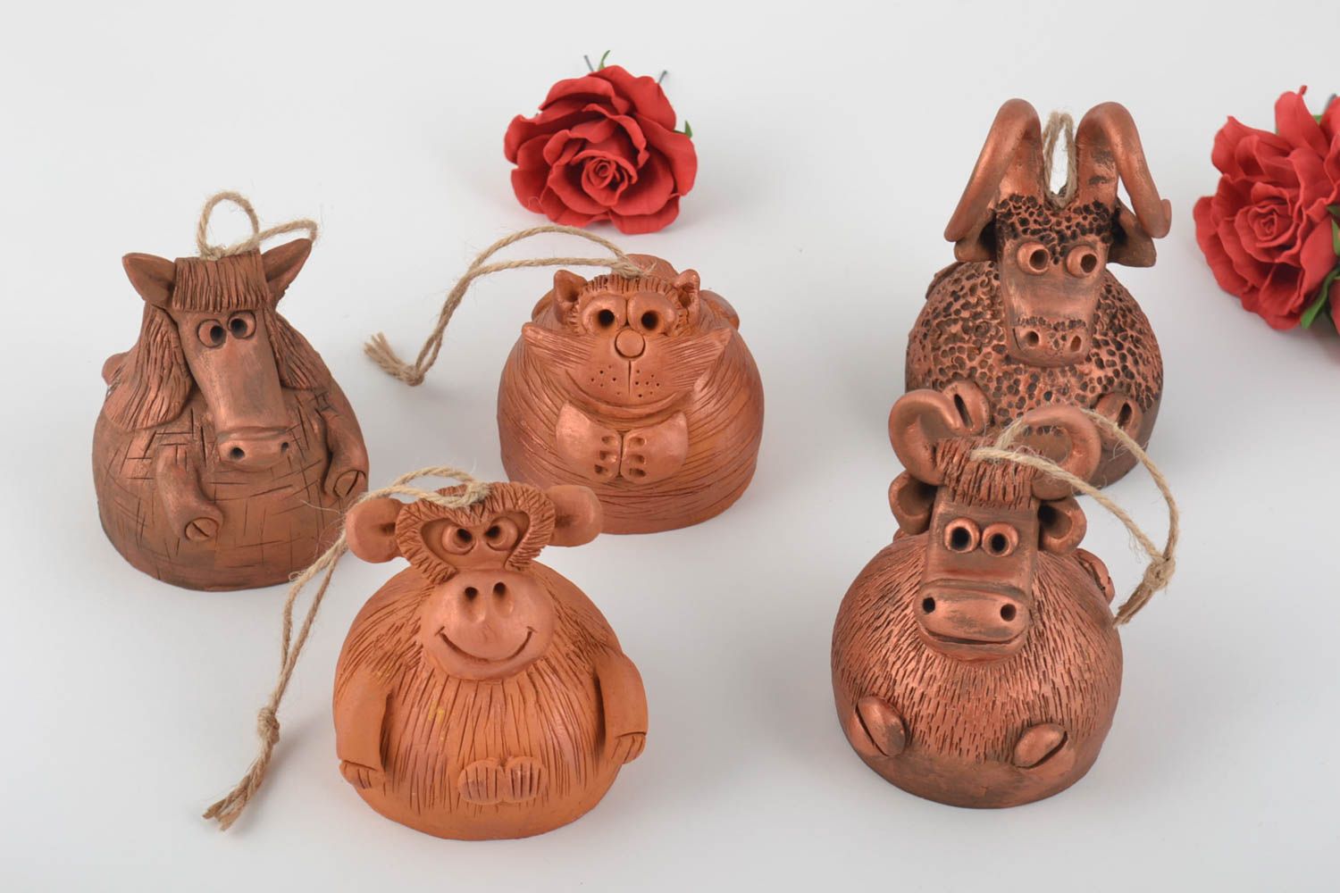 Campanelli d'autore in ceramica fatti a mano set di 5 animali divertenti
 foto 1