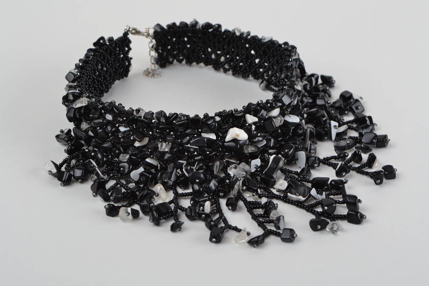 Unusual designer black handmade necklace made of beads and natural stones photo 4