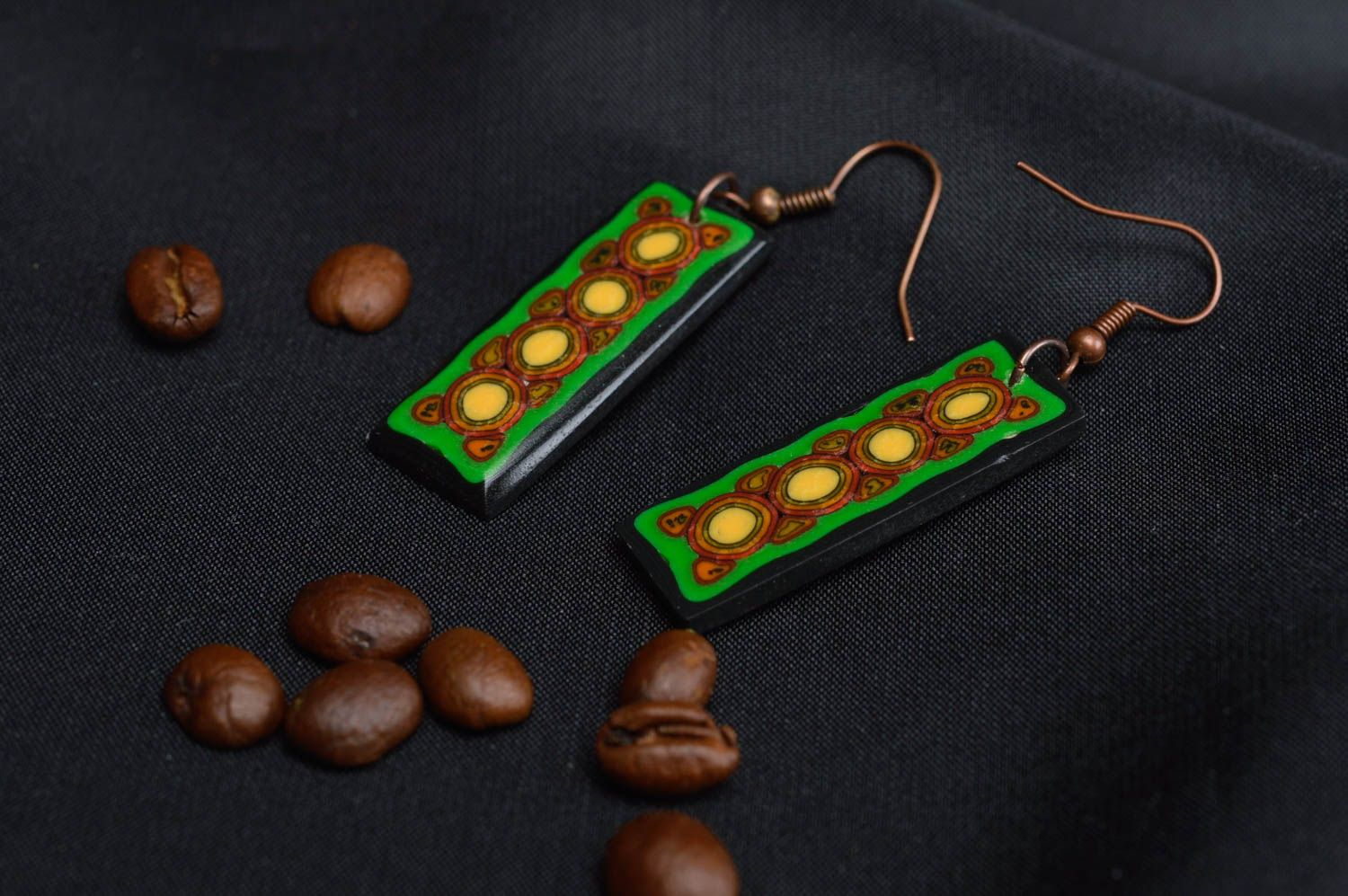 Handmade earrings made of polymer clay rectangular long jewelry cute accessory photo 1