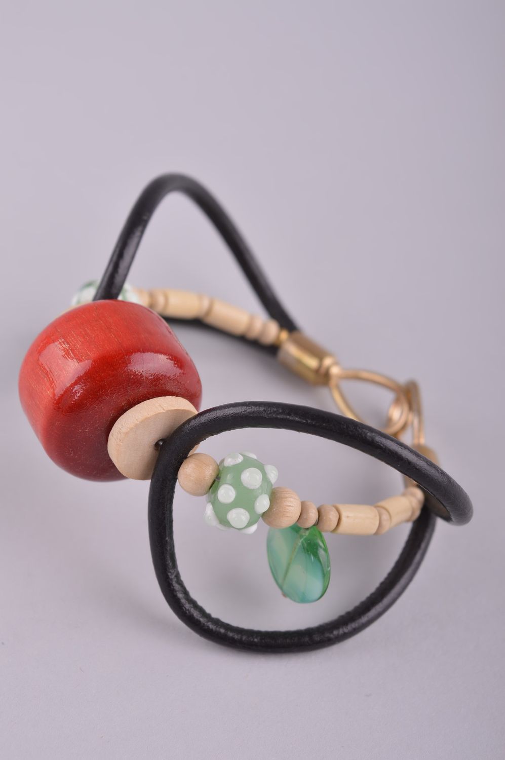 Handmade leather bracelet unusual wrist jewelry elegant wooden bracelet photo 4