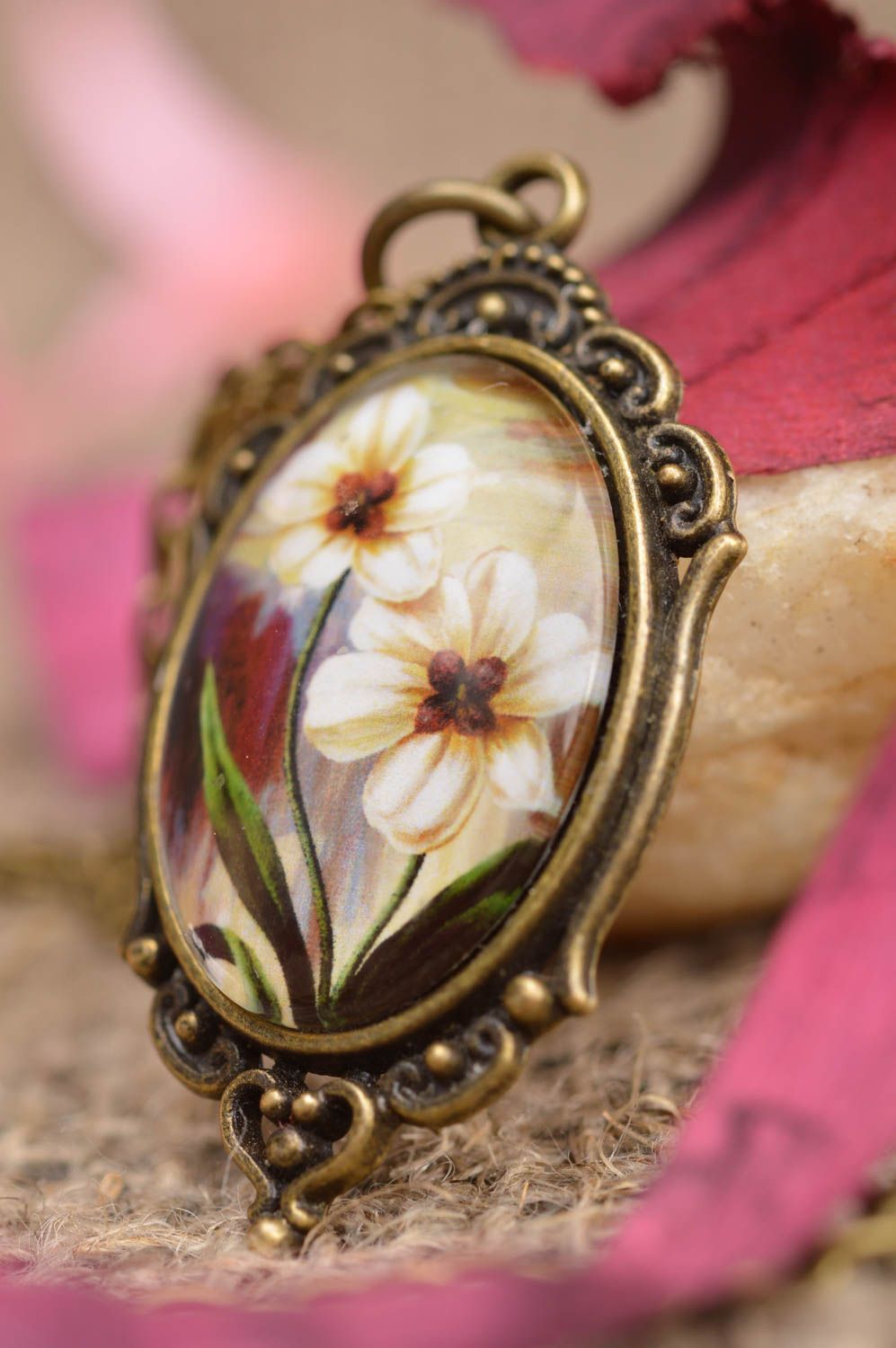 Handmade pendant on a long chain with beautiful print Blooming Daffodils photo 5
