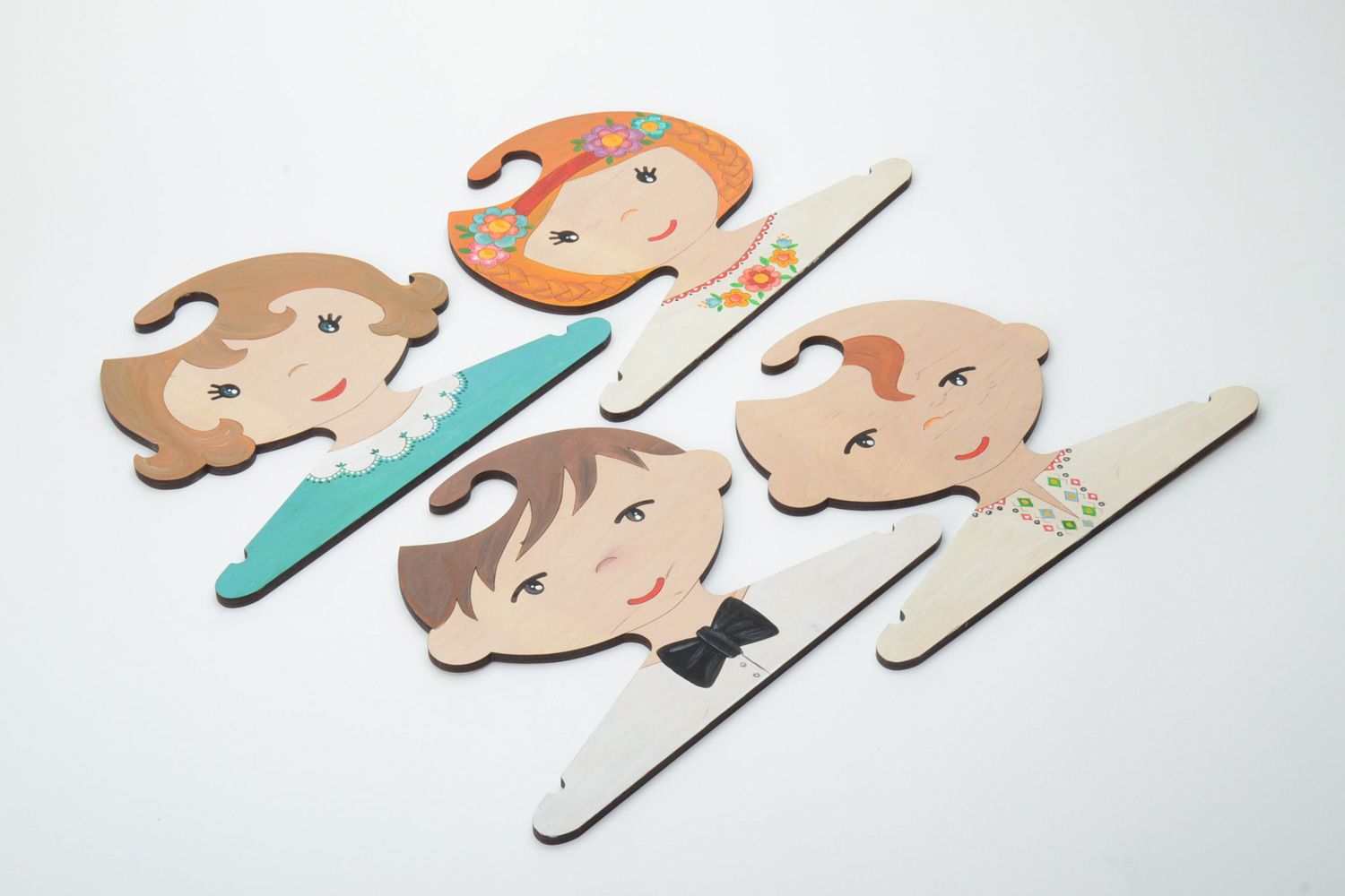 Set of handmade plywood children's clothes hangers painted with acrylics 4 items photo 3