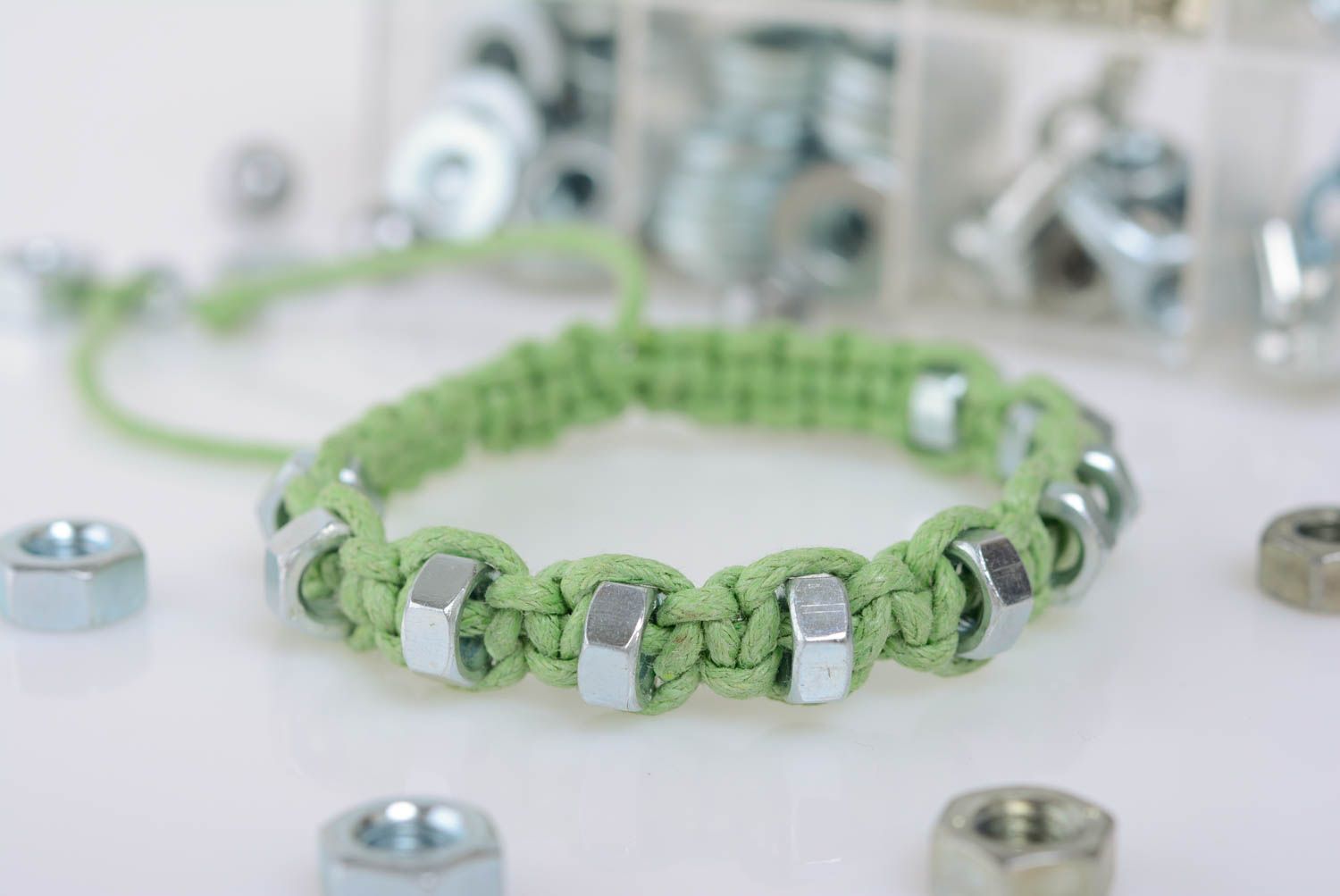 Beautiful handmade green macrame woven cord bracelet with steel nuts adjustable photo 1