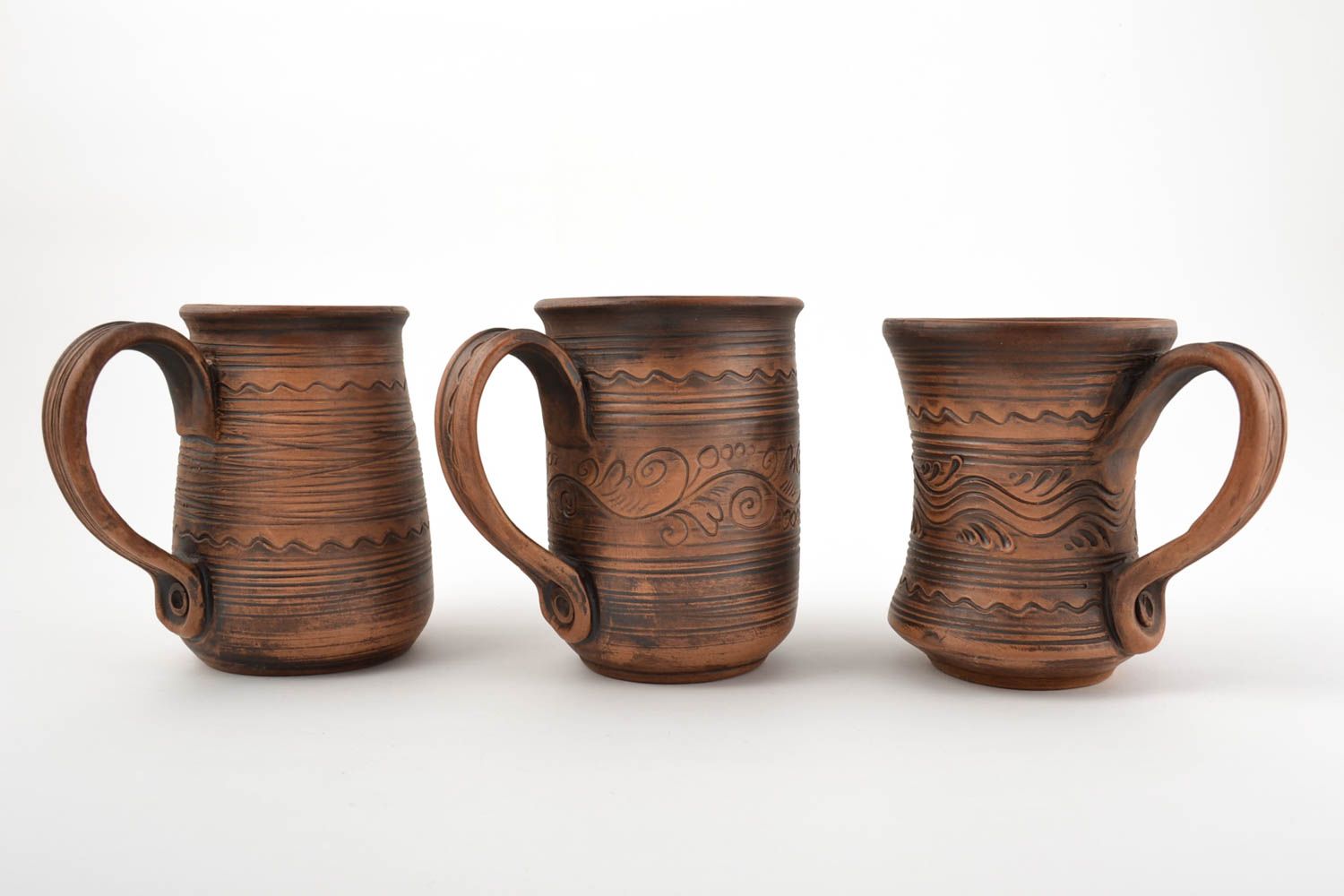 Clay 3 three XXXL cups' set, 16 oz, 18 oz, 20 oz with handle and rustic pattern photo 2