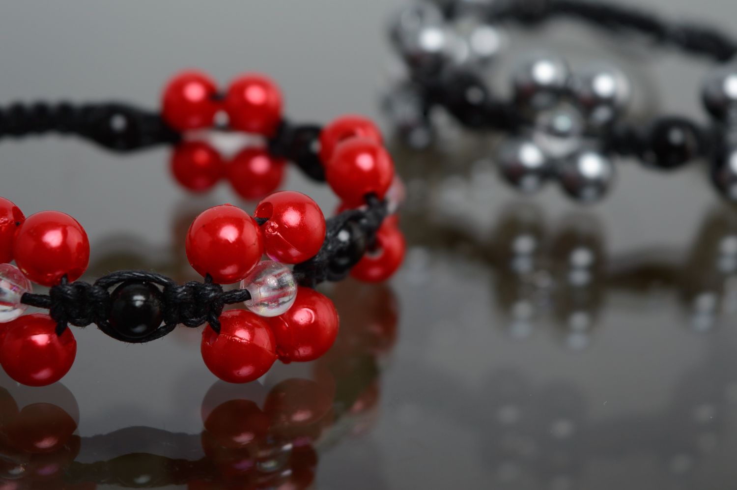 Black and red macrame bracelet with ceramic beads photo 5