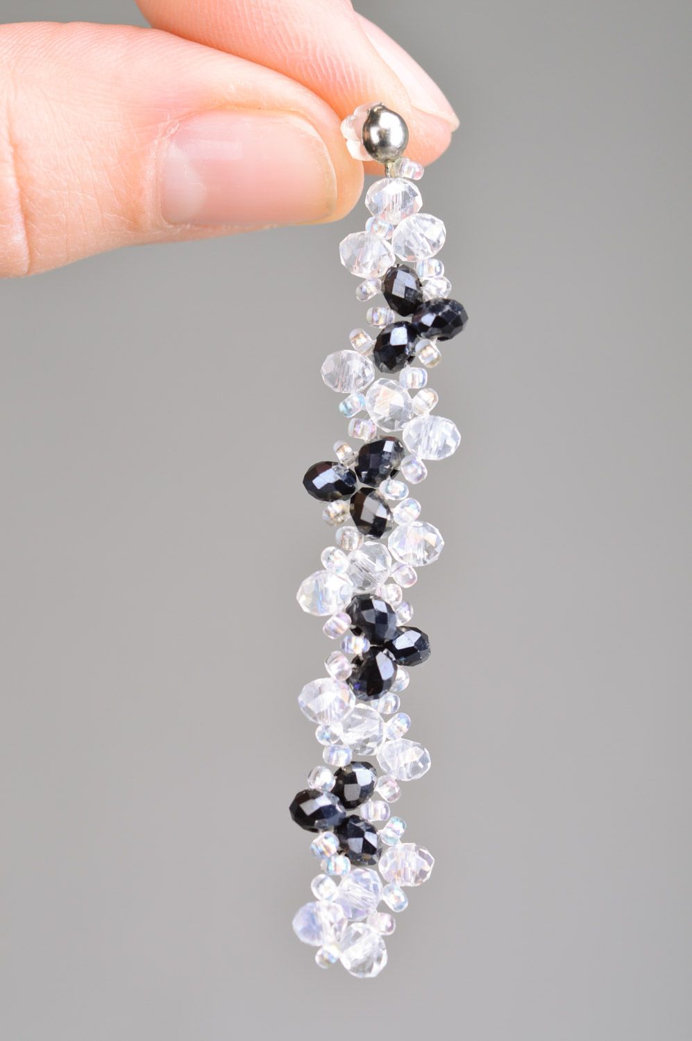 Beautiful evening handmade long crystal bead earrings of black and white colors photo 3