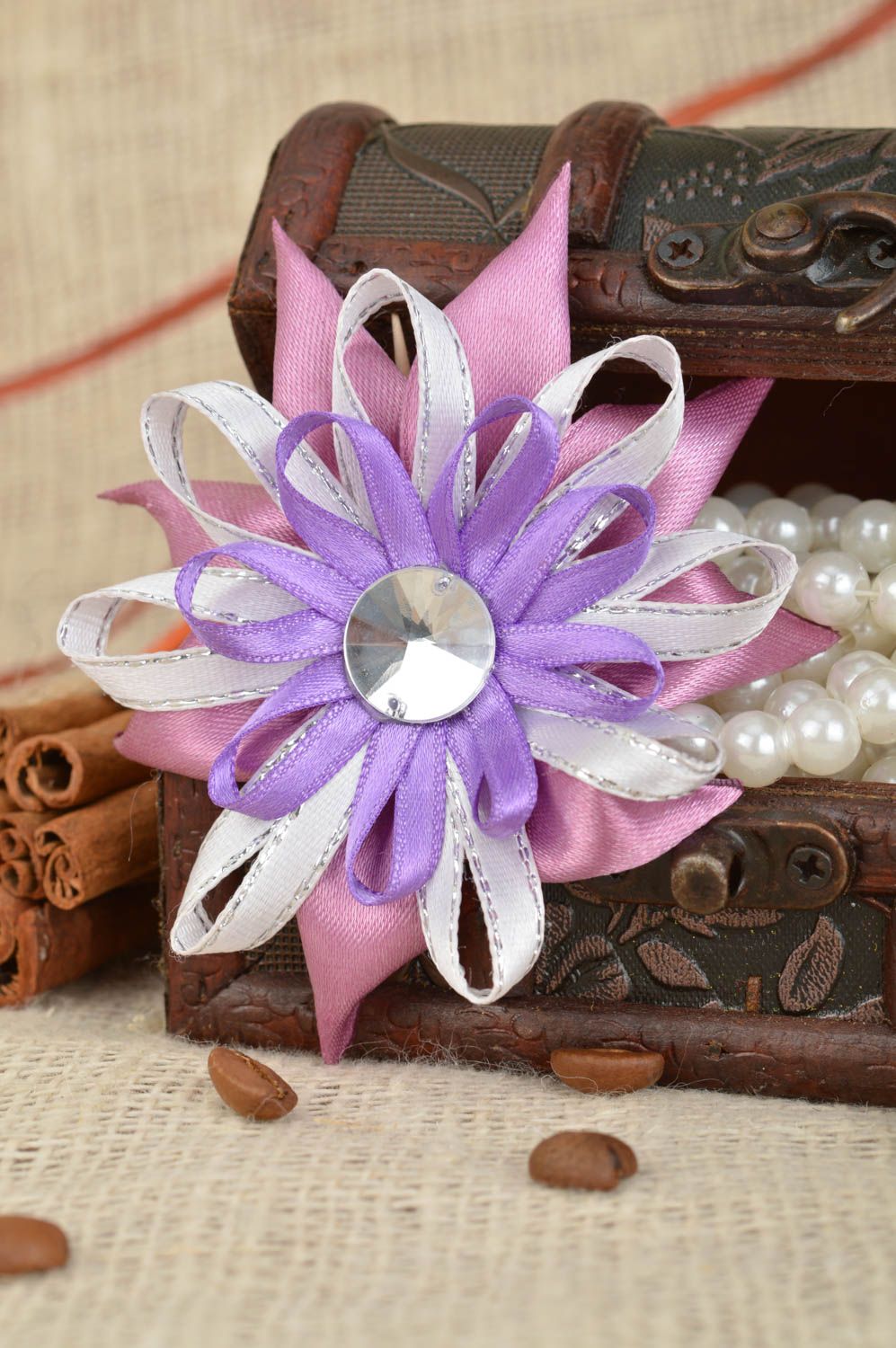 Handmade designer kanzashi flower brooch folded of satin ribbons with rhinestone photo 1