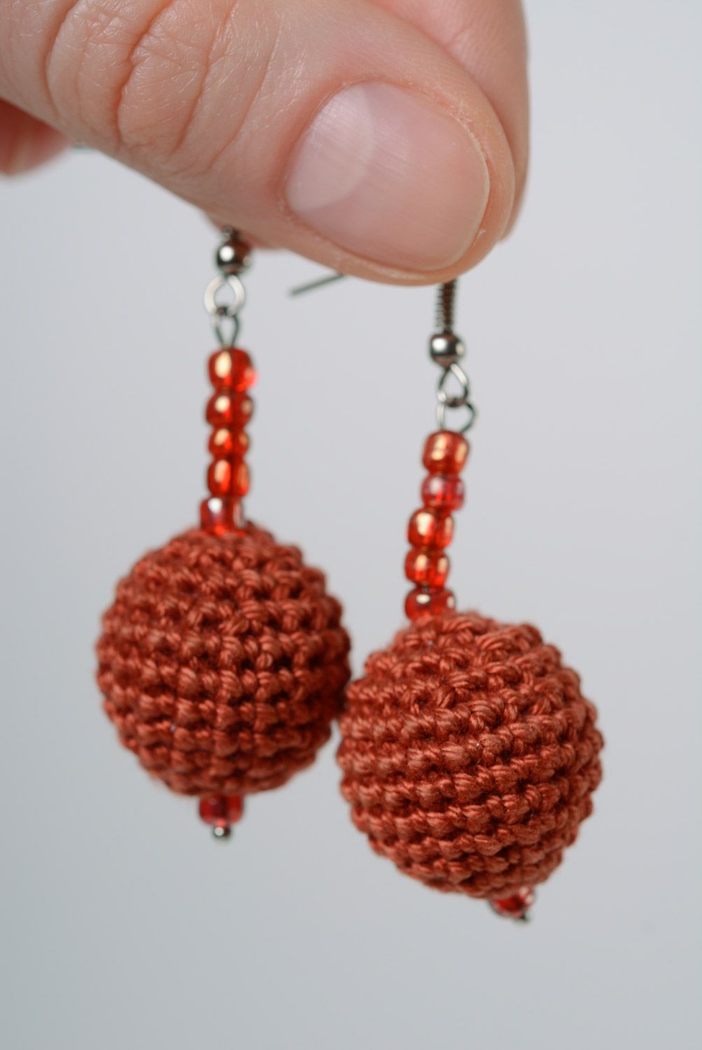 Handmade round dangle earrings crocheted of terracotta cotton threads for women  photo 2