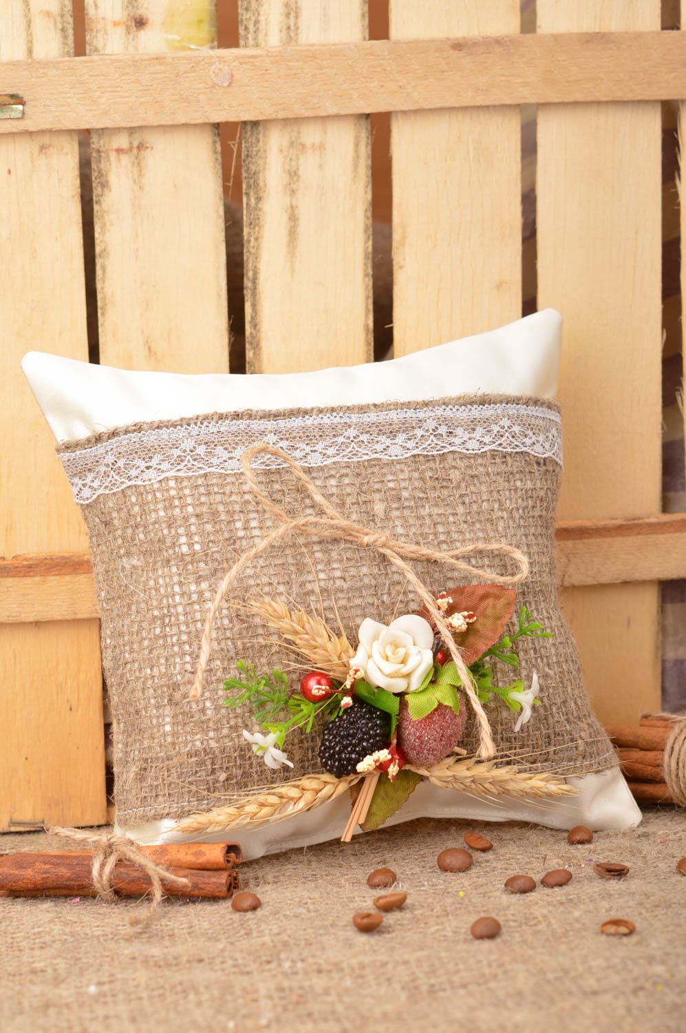 Handmade designer satin fabric ring pillow with flowers in country style photo 1