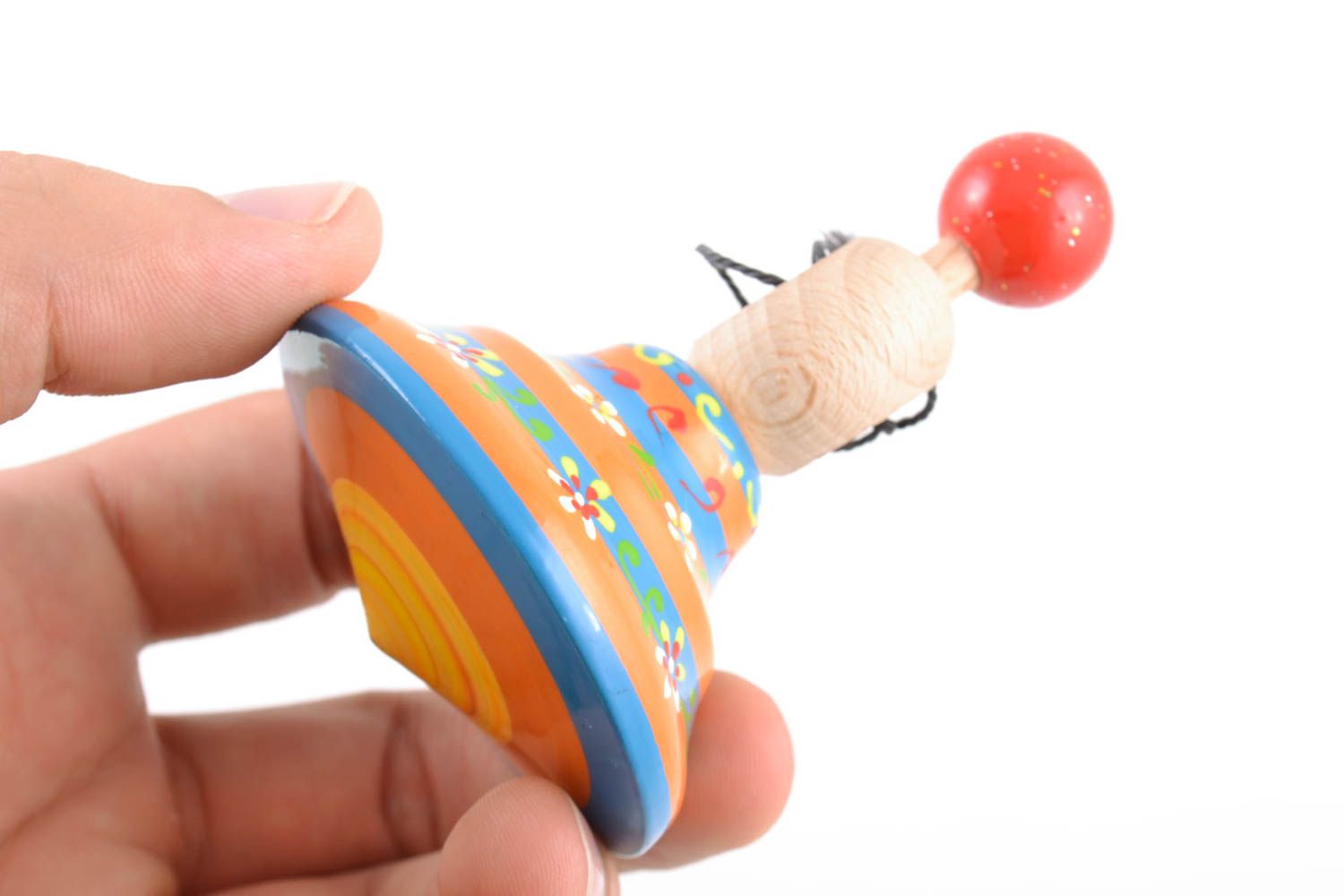 Striped painted eco wooden spinning top with ring and string handmade toy photo 2