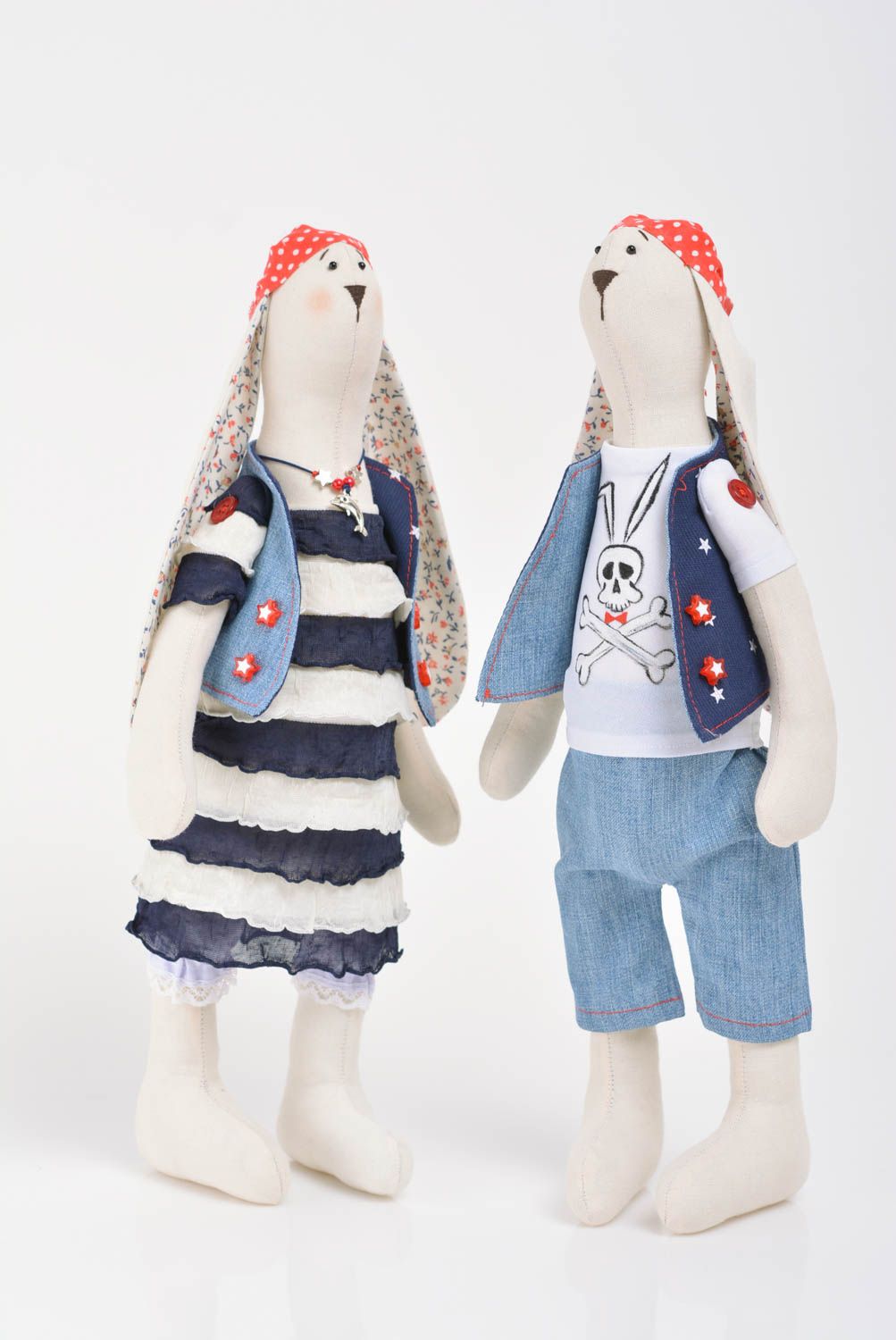 Set of 2 handmade designer cotton and denim soft toys rabbits boy and girl photo 1