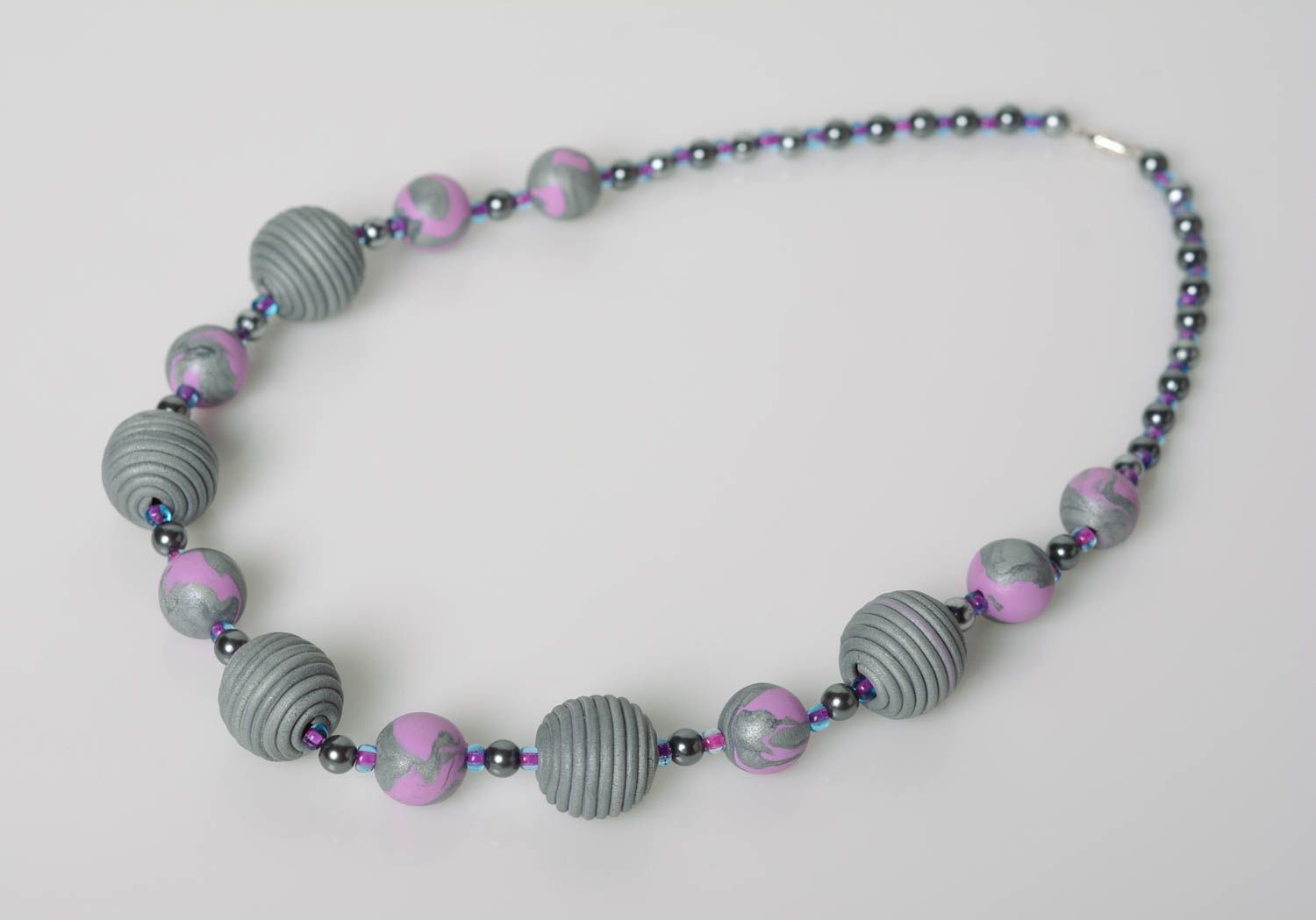 Handmade laconic gray and lilac polymer clay bead necklace with seed beads  photo 1