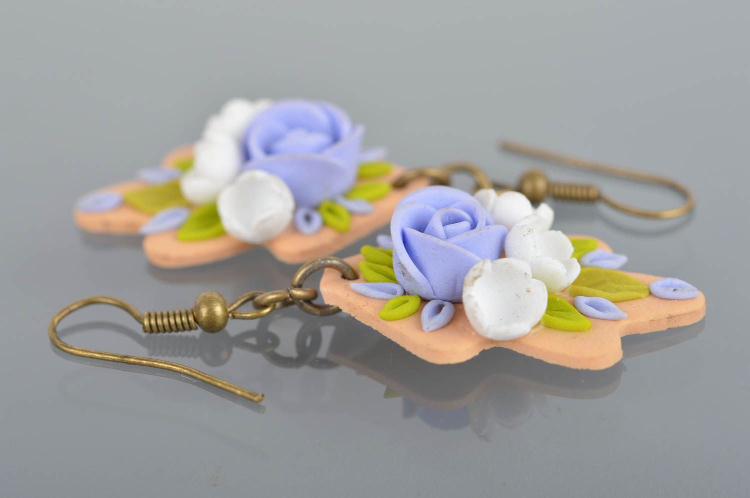 Polymer clay handmade beautiful earrings with flower charms long accessory photo 5