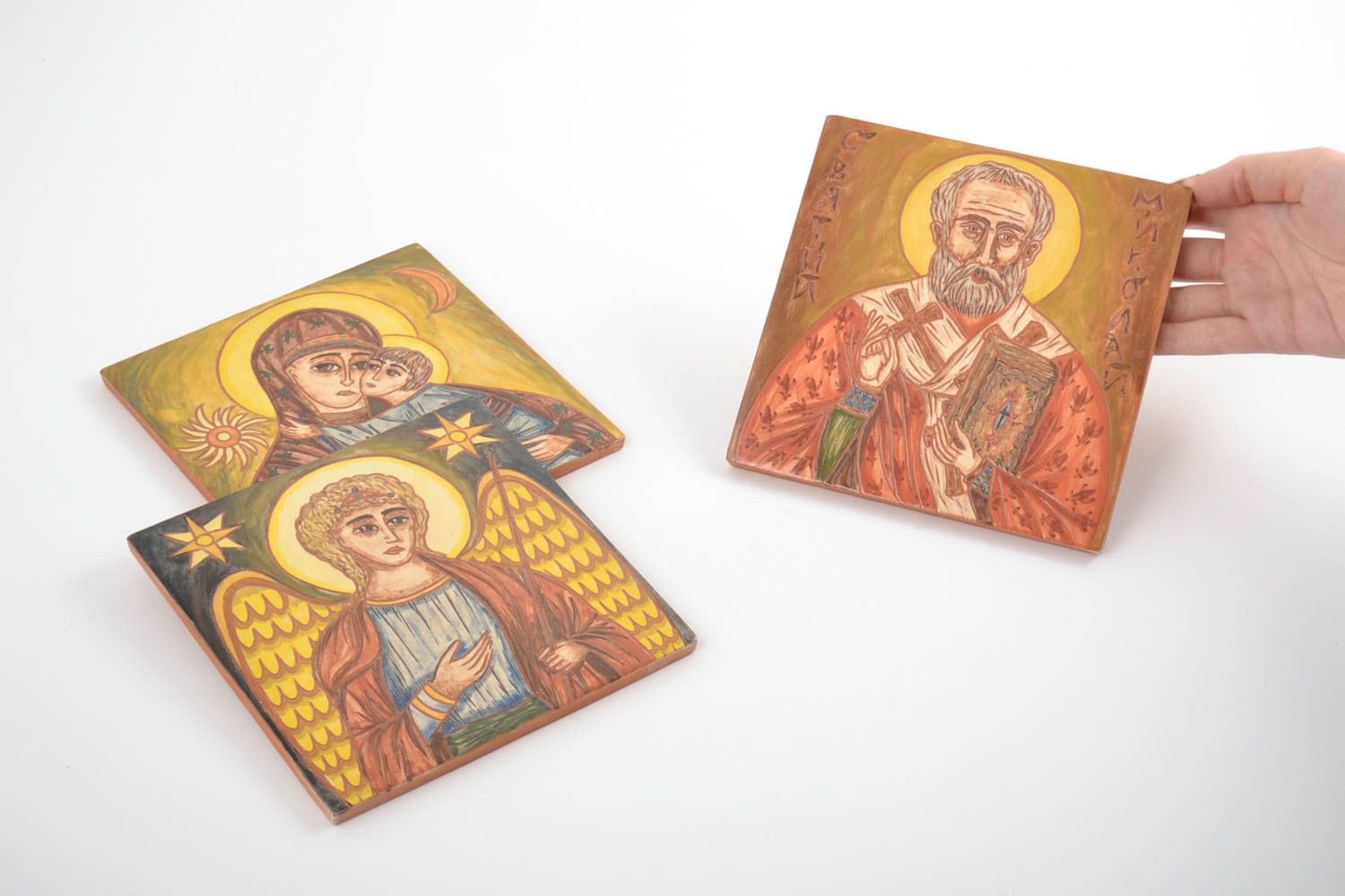 Set of 3 handmade ceramic facing tile painted with engobe with images of saints  photo 2
