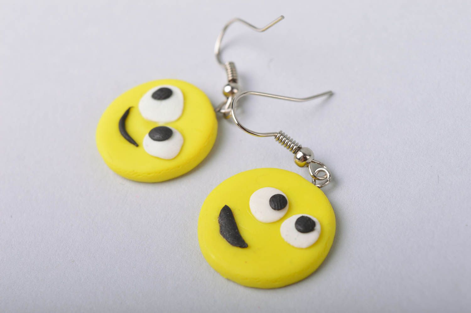 Handmade beautiful round yellow earrings smiles made of cold porcelain photo 4