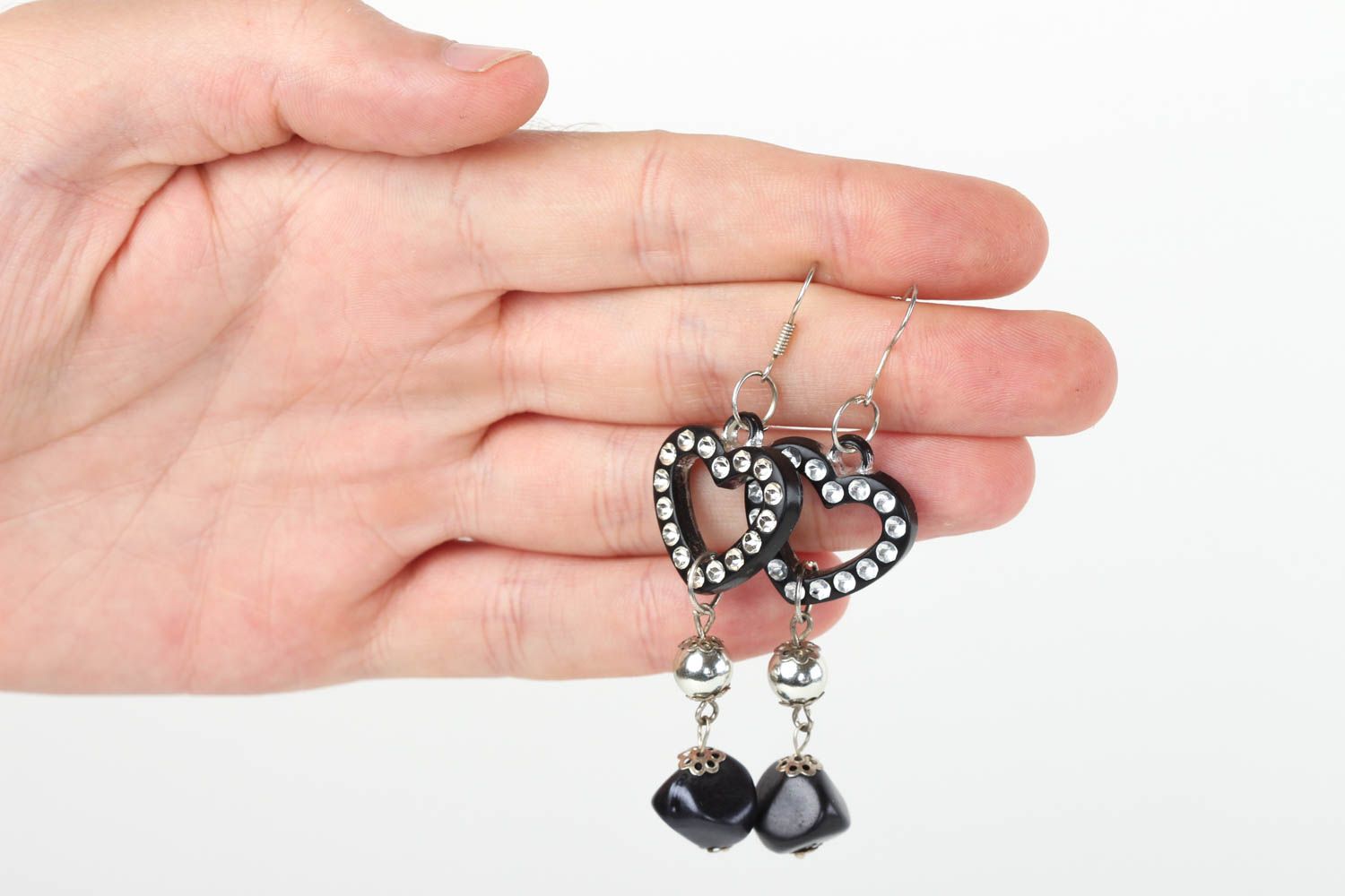 Handmade black unusual earrings cute beaded earrings stylish accessory photo 5