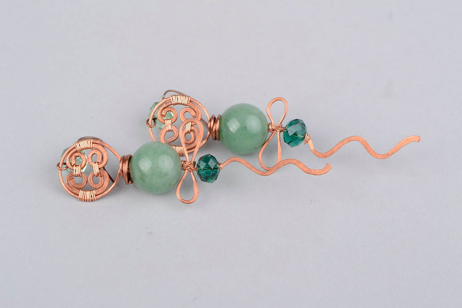 Copper earrings with greenstone and Czech crystal photo 3