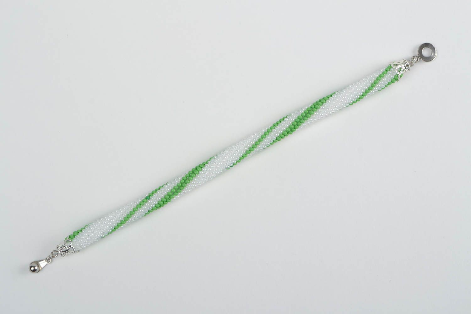Handmade festive cute beautiful white and green beaded cord bracelet photo 3