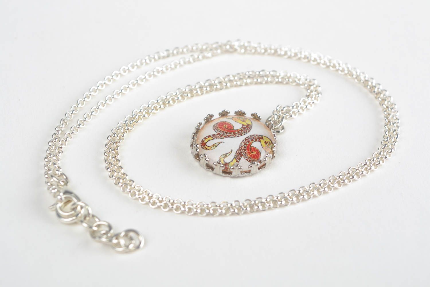 Handmade designer round white glass pendant with Gemini sign on metal chain  photo 3