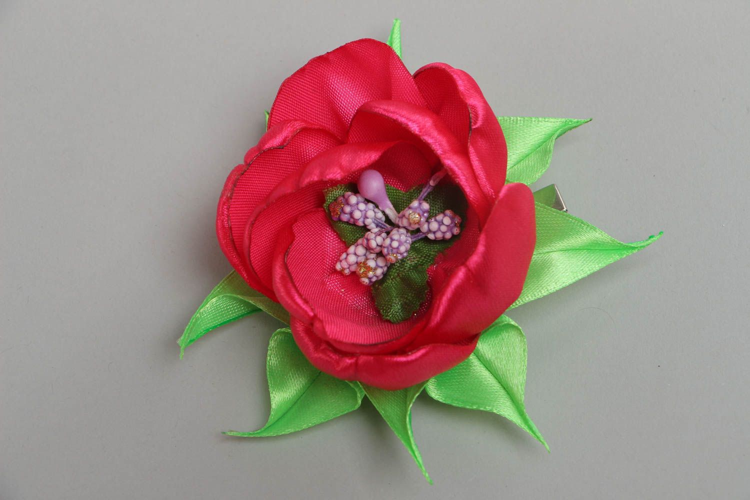 handcrafted unique bobby pin made of satin ribbon in the form of red peony flower photo 2