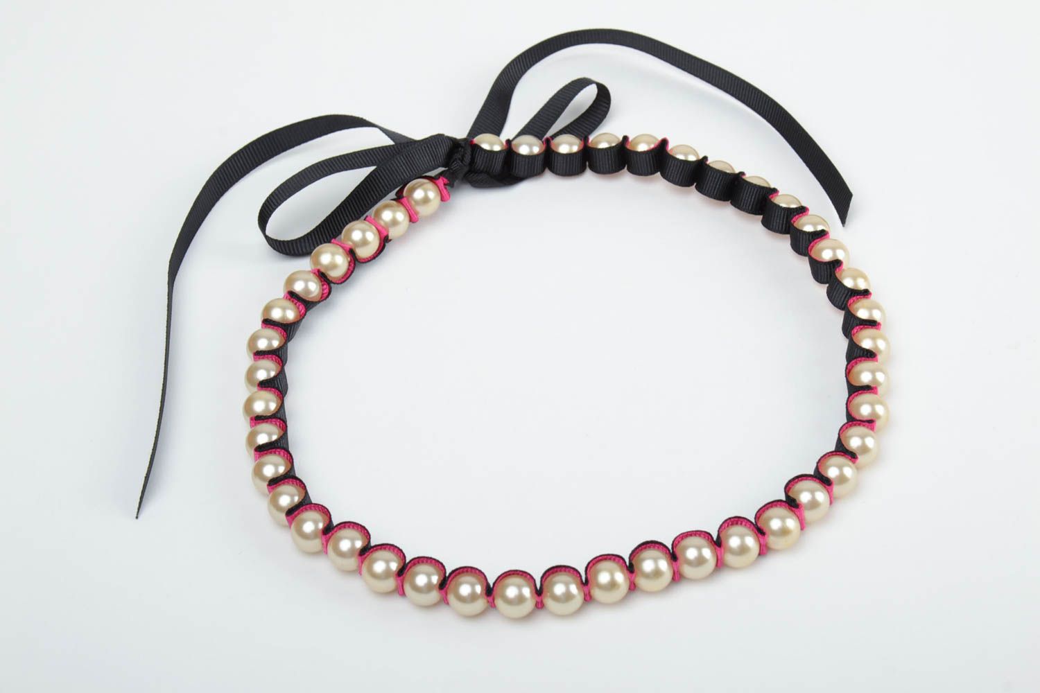 Handmade necklace with pink plastic pearl like beads and rep ribbons with ties photo 4