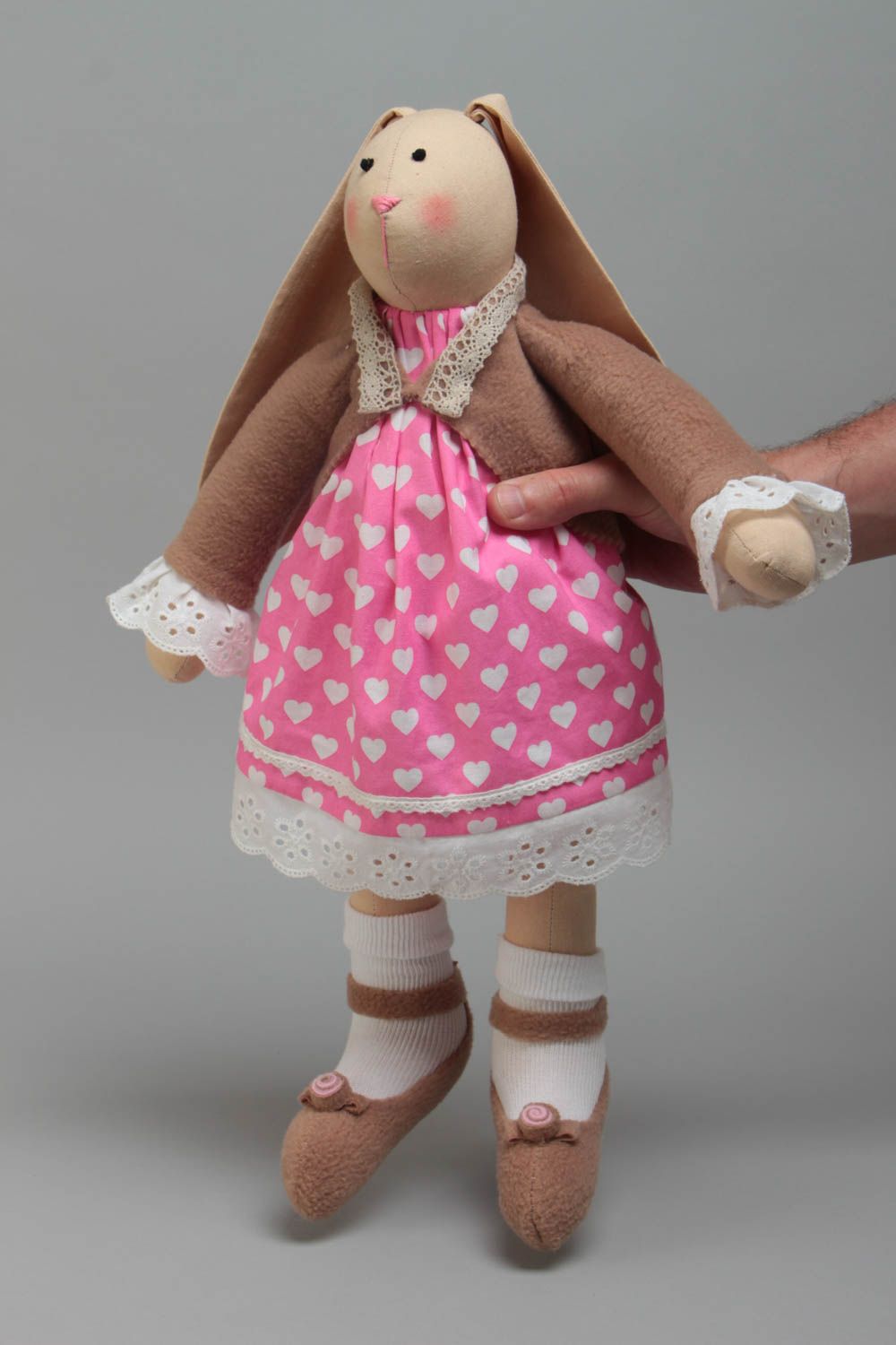 Handmade designer soft toy rabbit girl in pink dress with white hearts pattern photo 5