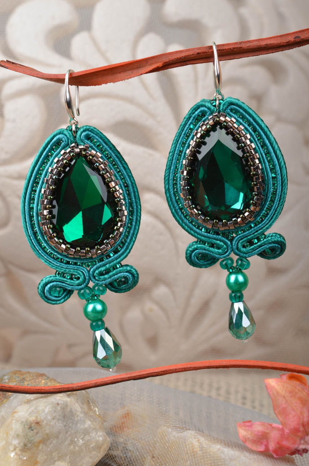 Emerald massive long earrings created manualy using soutache technique  photo 1