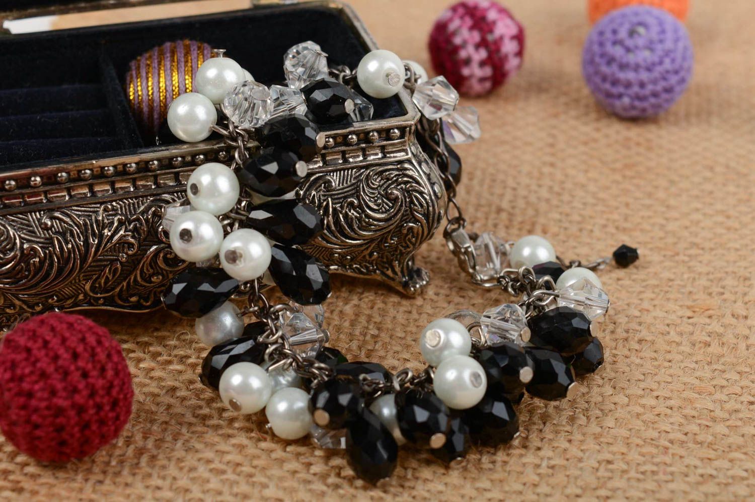 Handmade beautiful festive black and white wrist bracelet made of crystal beads  photo 1