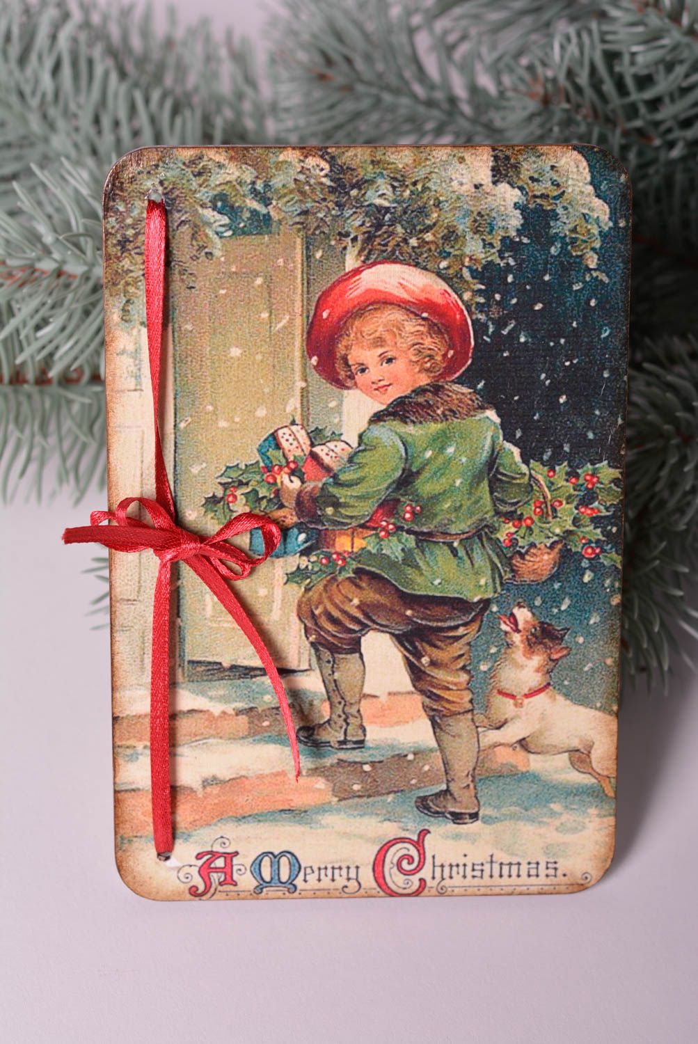 Handmade Geschenk Grußkarte Weihnachten schöne Grusskarte aus Holz Decoupage foto 1