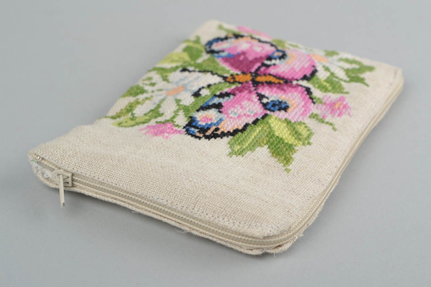 Handmade designer hemp fabric mobile phone case with embroidered flowers photo 3