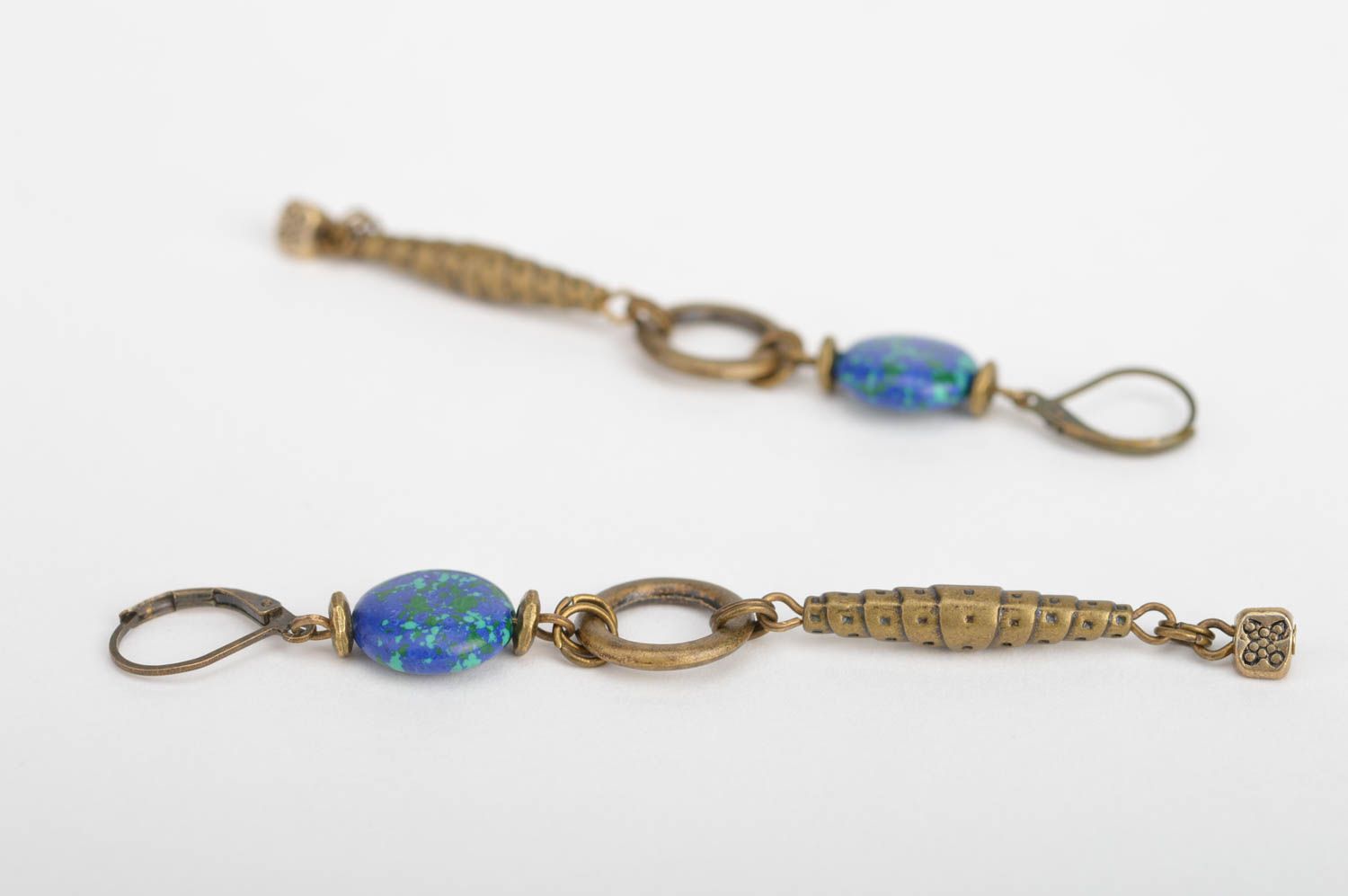 Handmade long dangle metal earrings with blue beads designer accessory for women photo 4