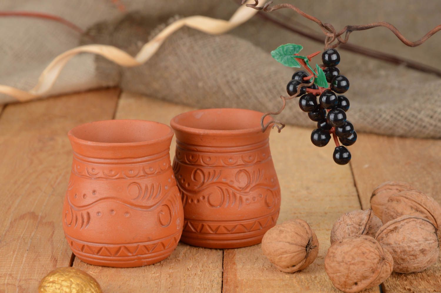 Set de vasos de barro hechos a mano con ornamento 2 artículos por 100 ml  foto 1