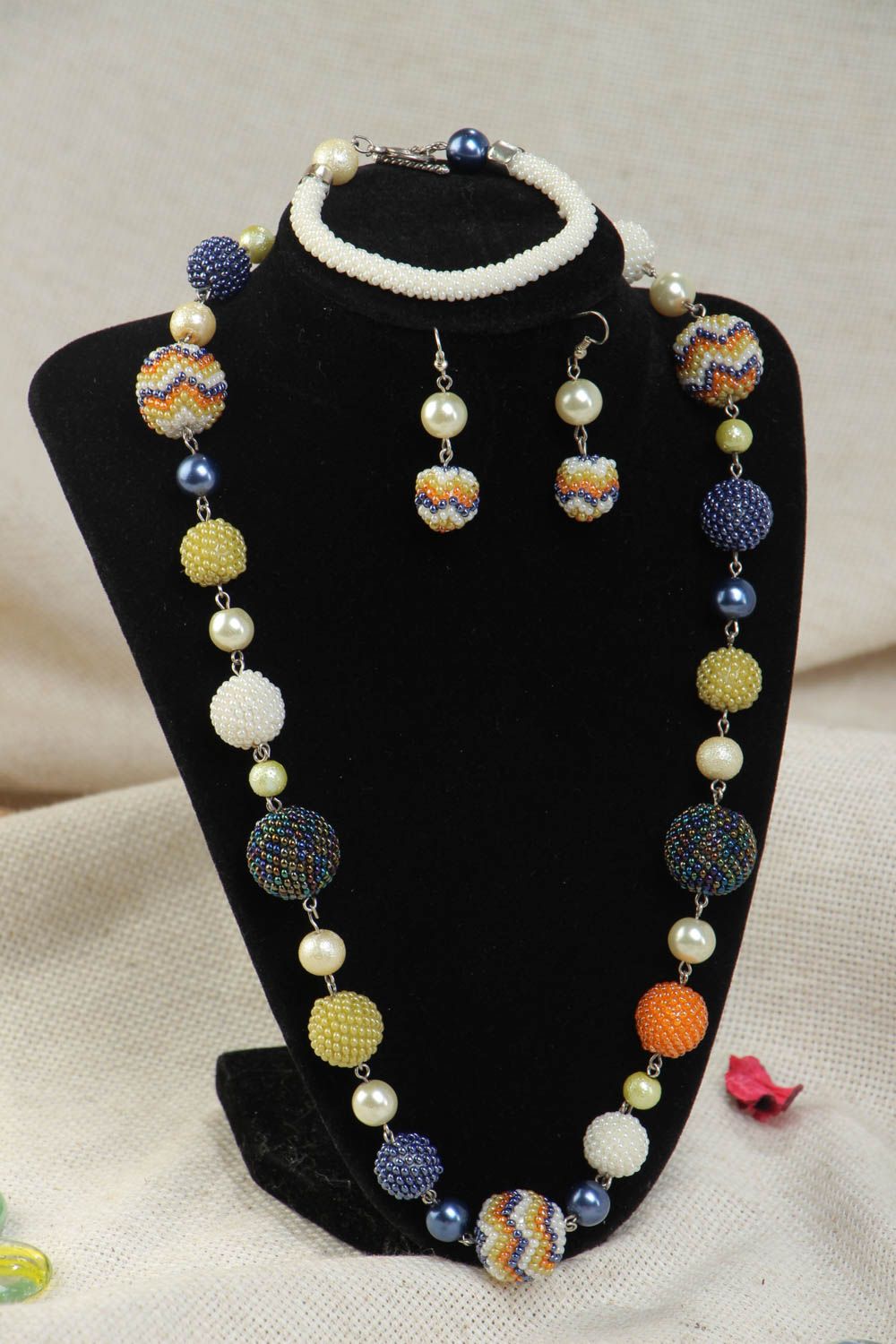 Beautiful handmade beaded jewelry set 3 pieces bracelet necklace and earrings woven of Czech beads photo 1
