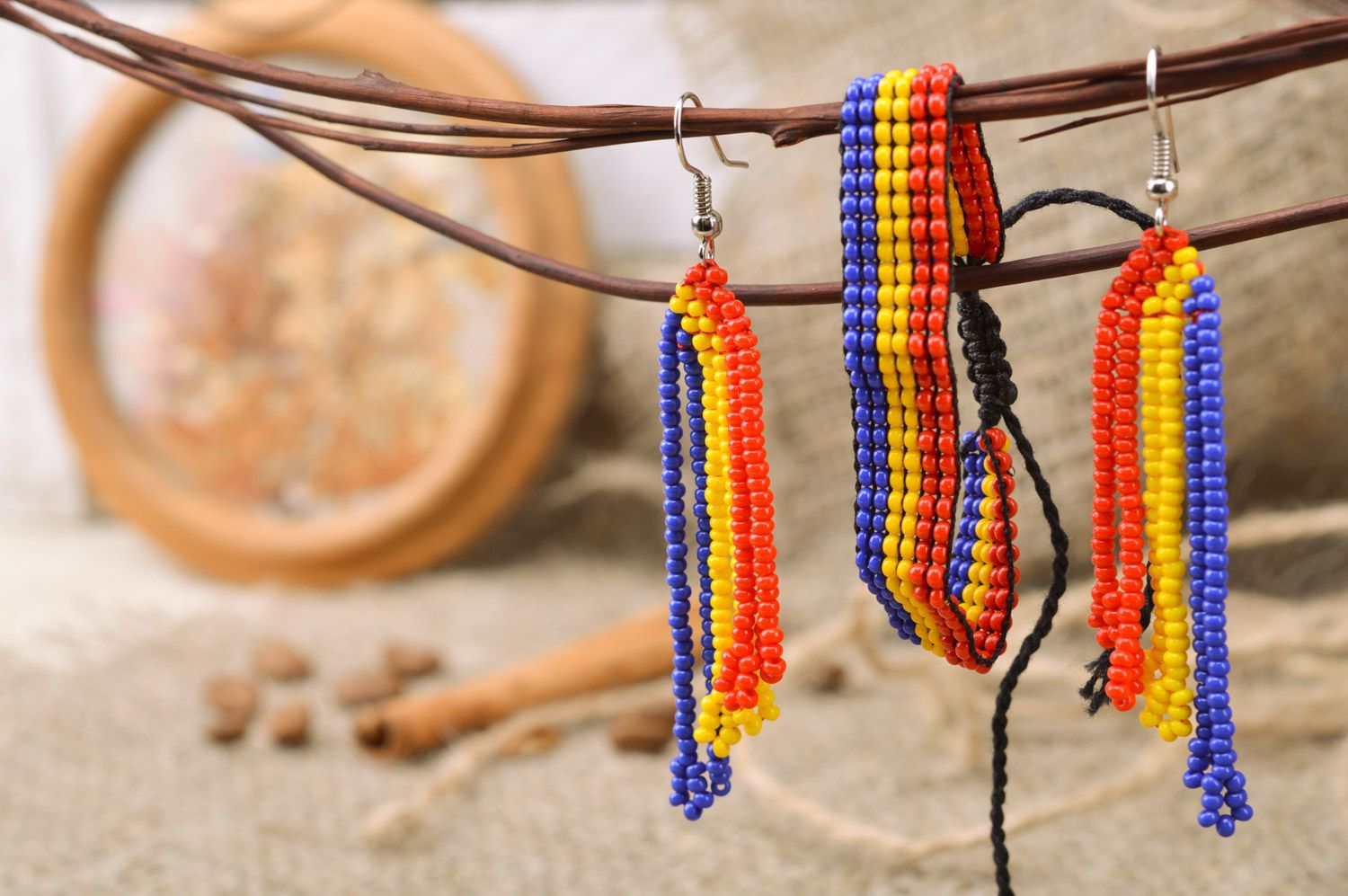 Handmade three-colored beaded wrist bracelet and long dangle earrings  photo 1